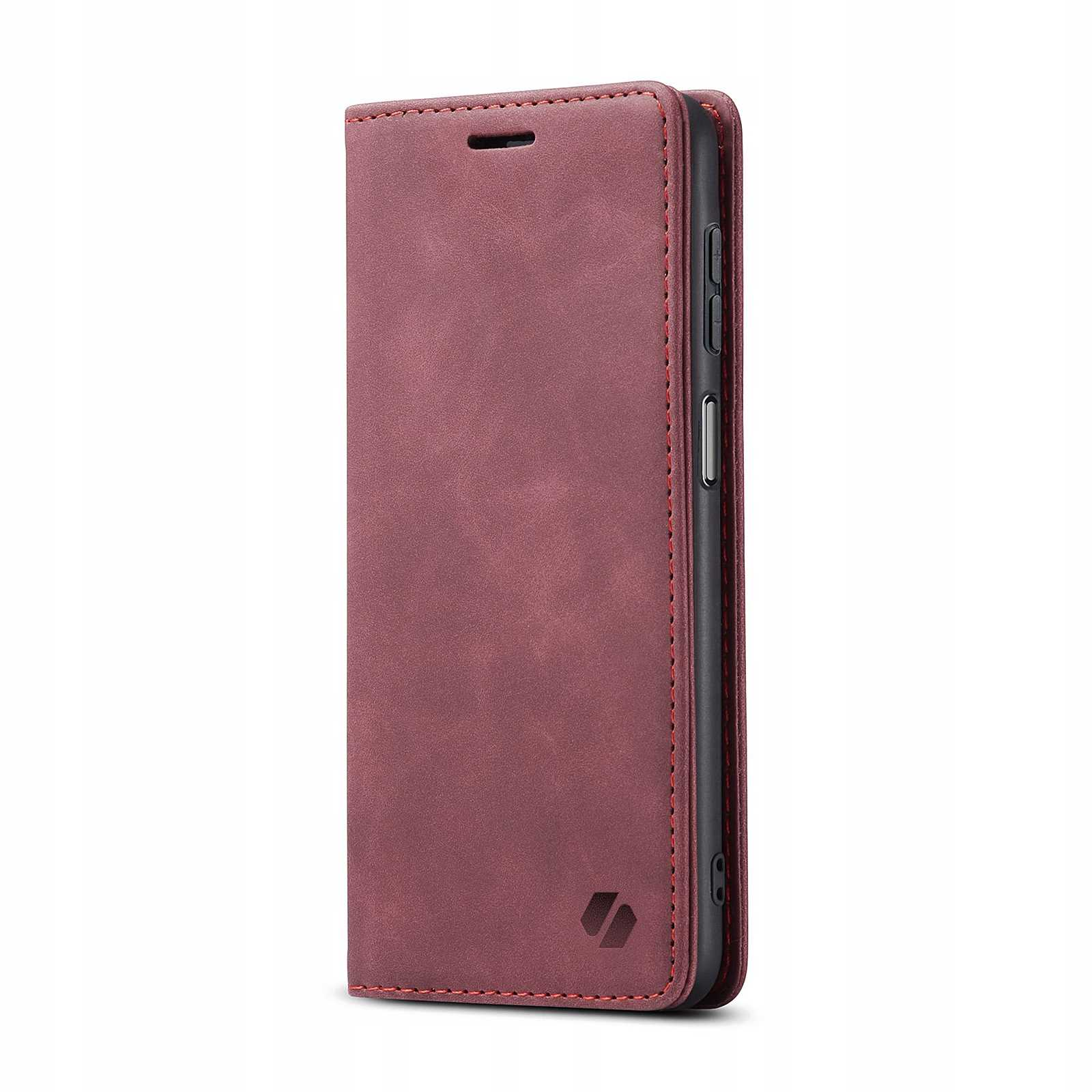 Zamknięte, bordowe etui na telefon. Czerwone szwy na krawędziach. Etui na białym tle.