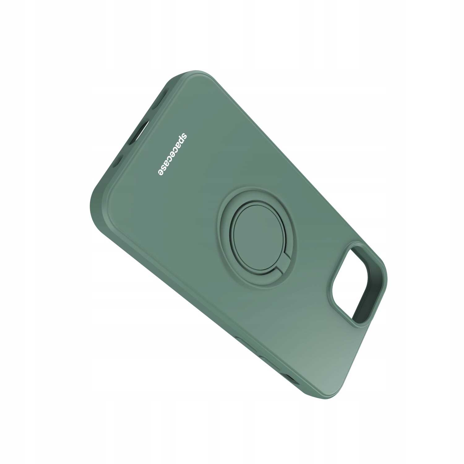 Zielone etui pod kątem z uchwytem na palec. Na etui widnieje napis 'spacecase'.