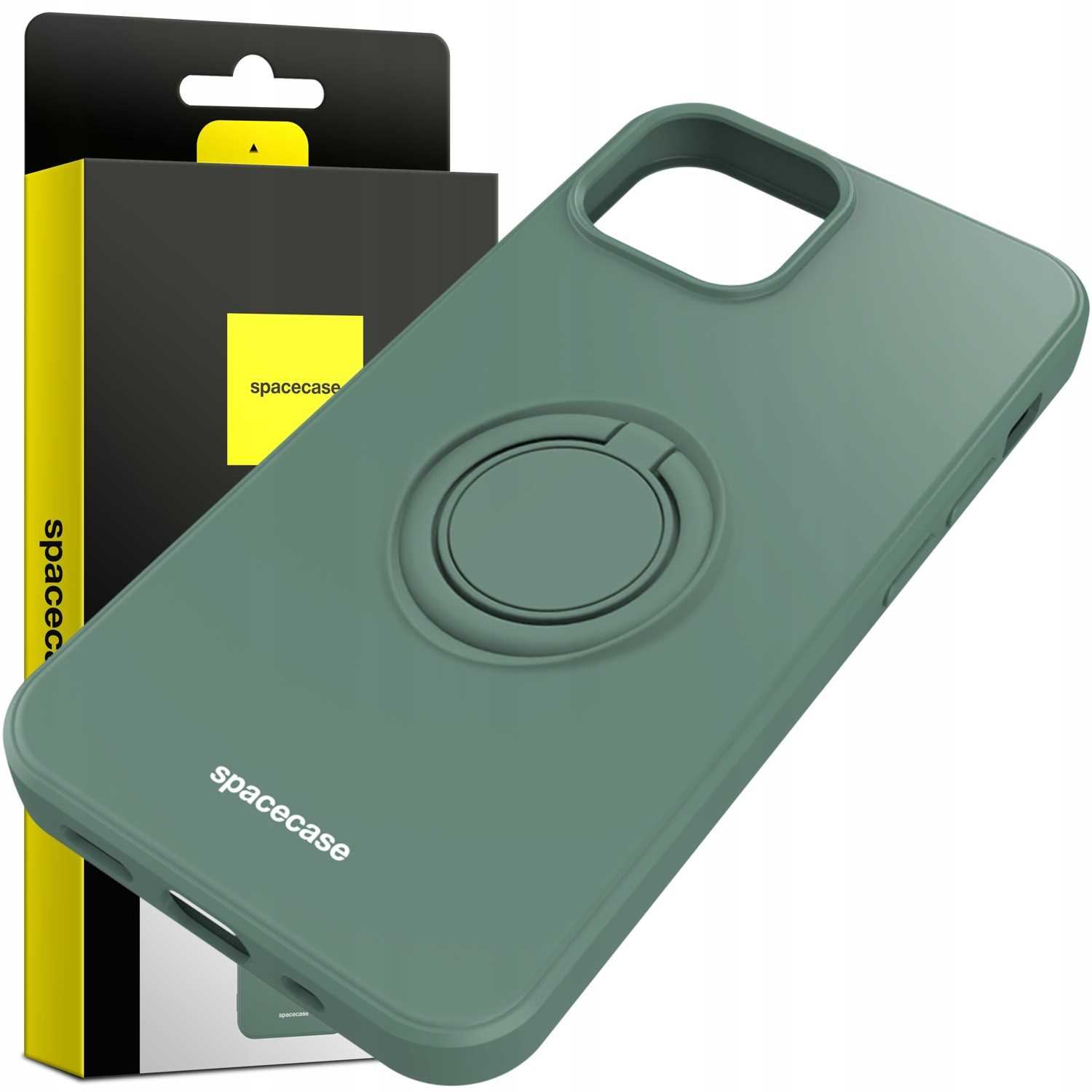 Zielone etui z uchwytem na palec. Na etui i pudełku widnieje napis 'spacecase'.