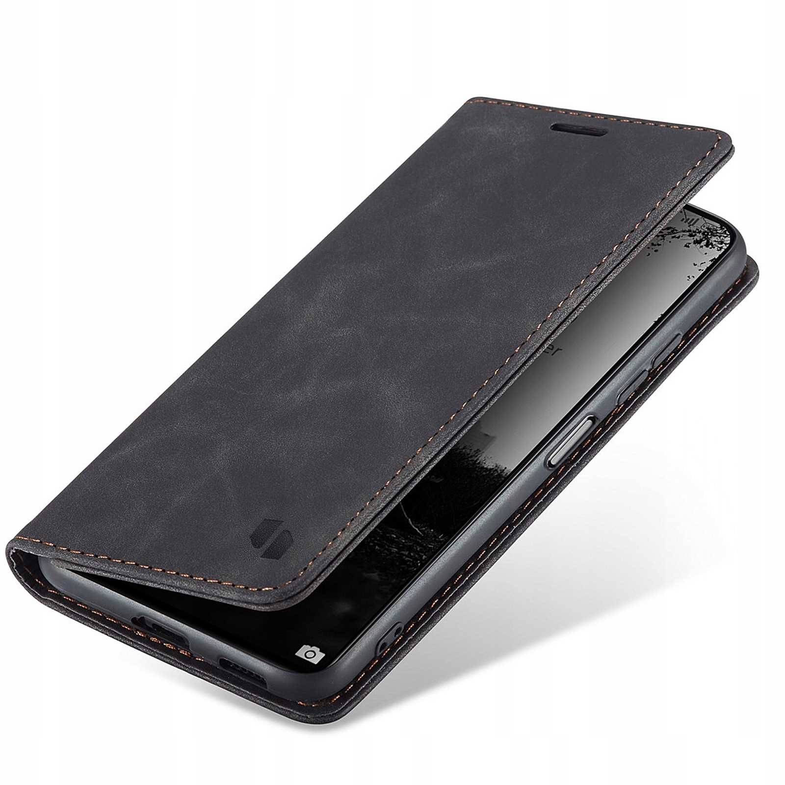 Czarne skórzane etui na telefon otwarte, pokazujące telefon. Brązowe szwy wokół krawędzi.