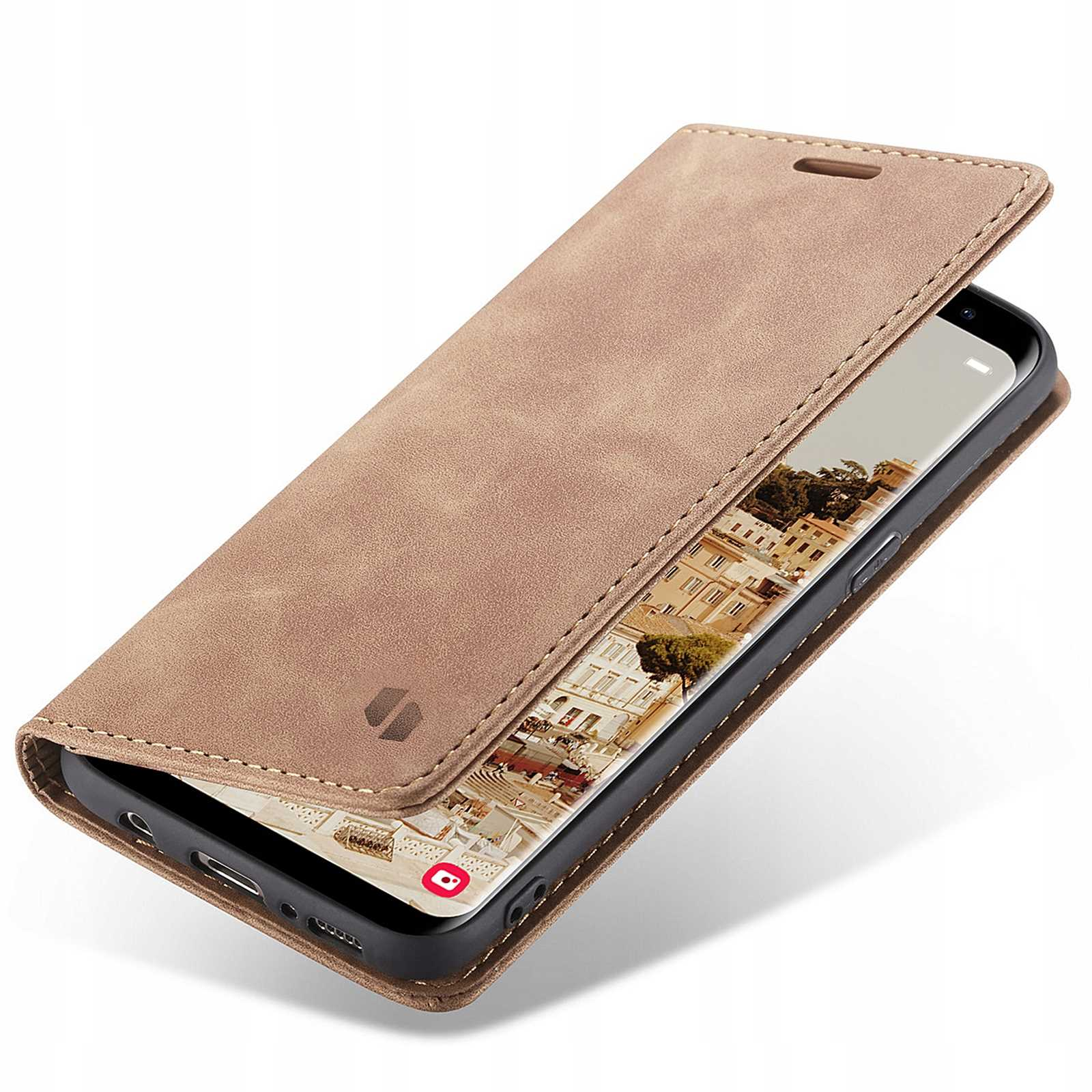 Beżowe skórzane etui na telefon, otwarte, pokazujące telefon ze zdjęciem budynku.