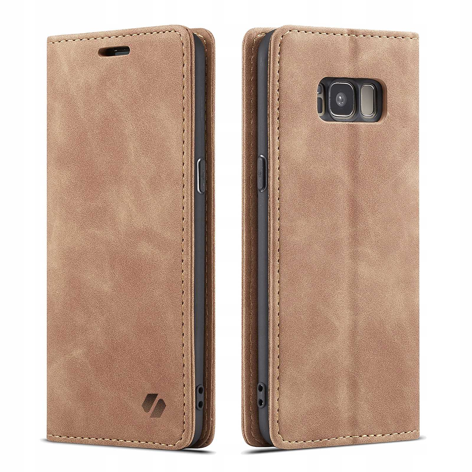 Beżowe etui na telefon z widocznym telefonem. Etui jest zamknięte po lewej stronie. Telefon jest po prawej stronie.