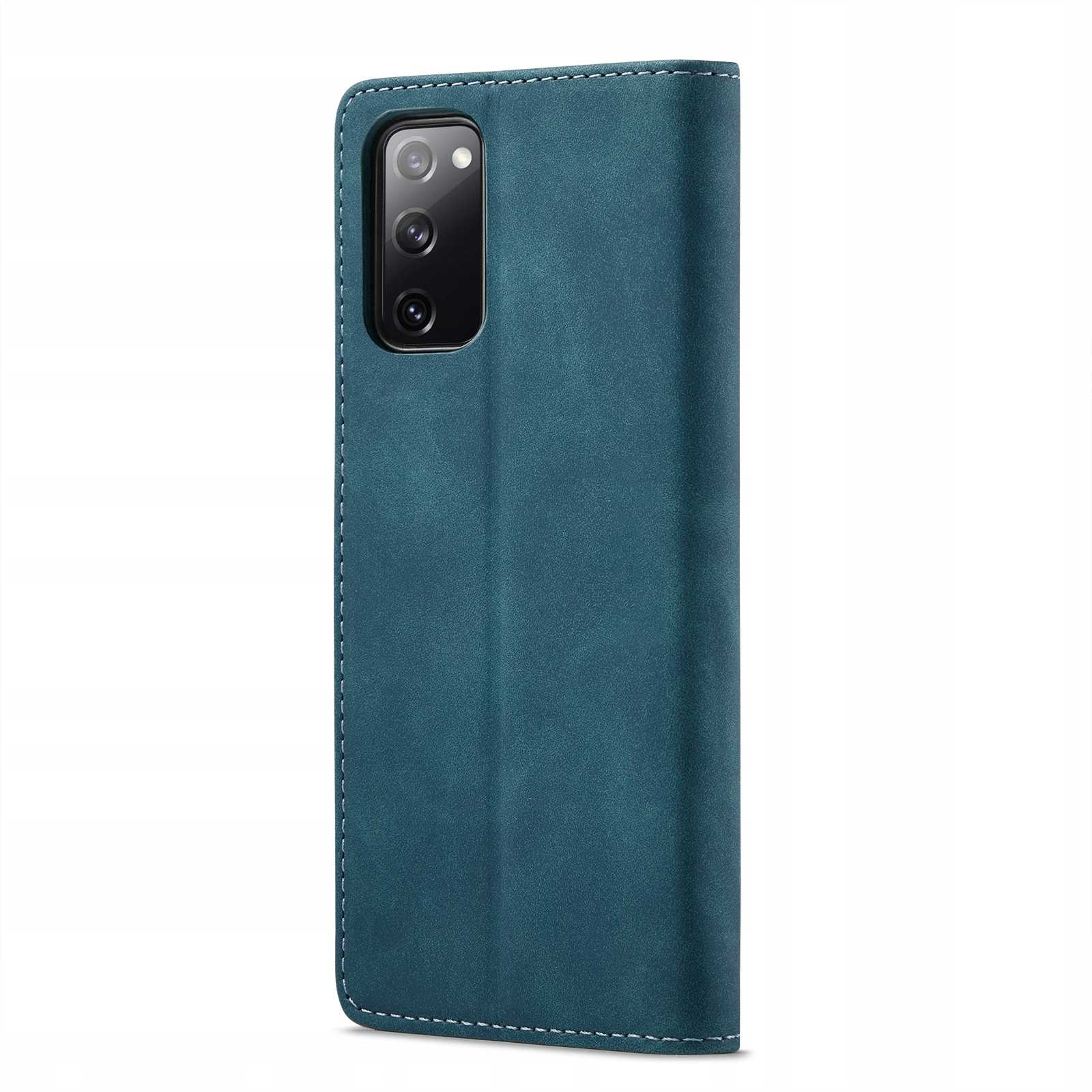 Niebieskie skórzane etui na telefon, zamknięte, z aparatem i logo.