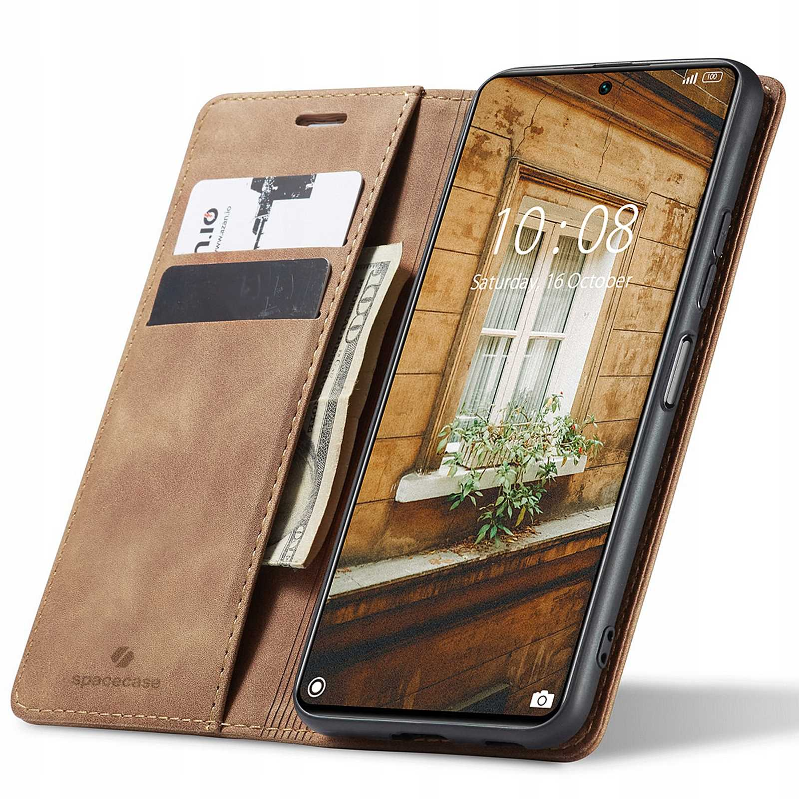 Brązowe etui na telefon otwarte, ukazujące ekran telefonu z budynkiem. Wewnątrz karty i gotówka.