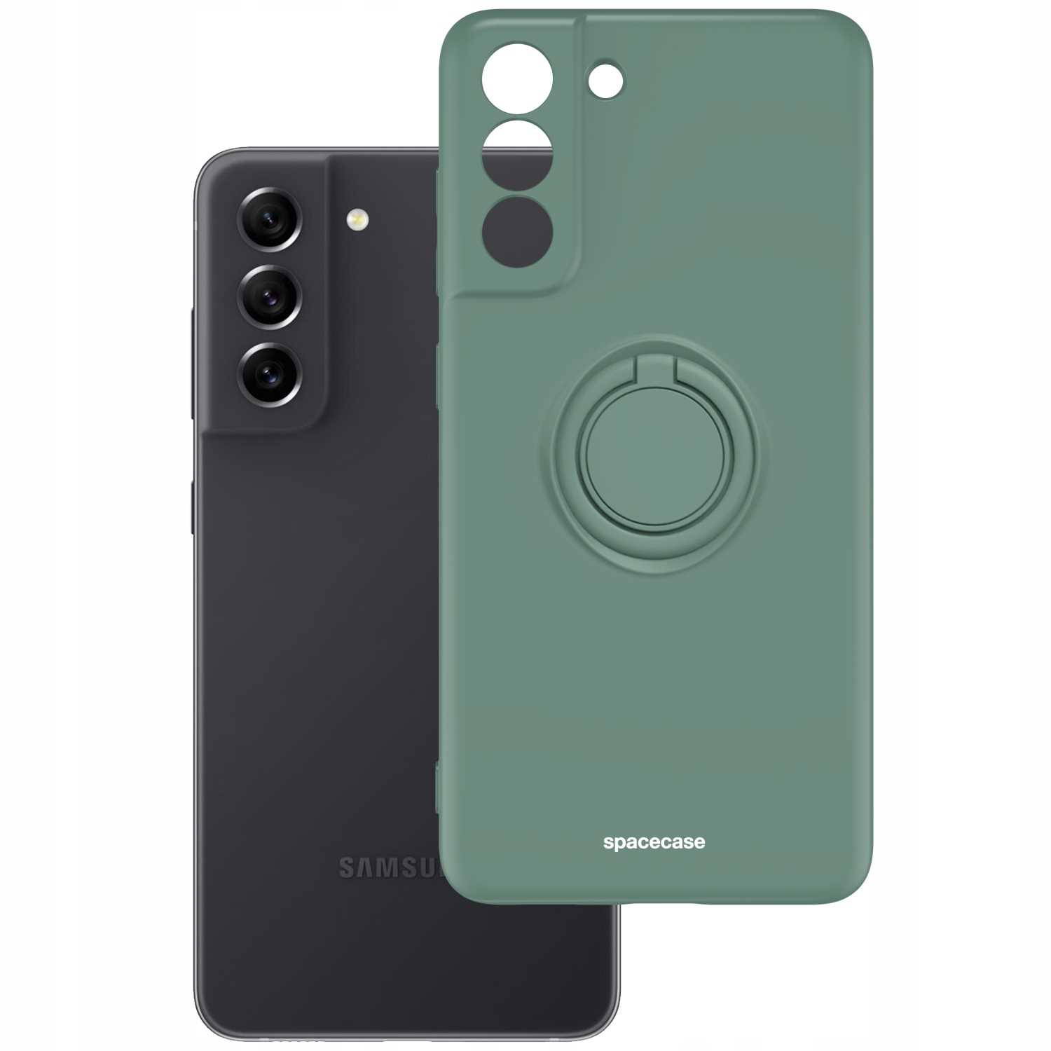 Zielone etui na telefon i czarny telefon. Etui ma uchwyt na pierścień i jest oddzielone od telefonu.
