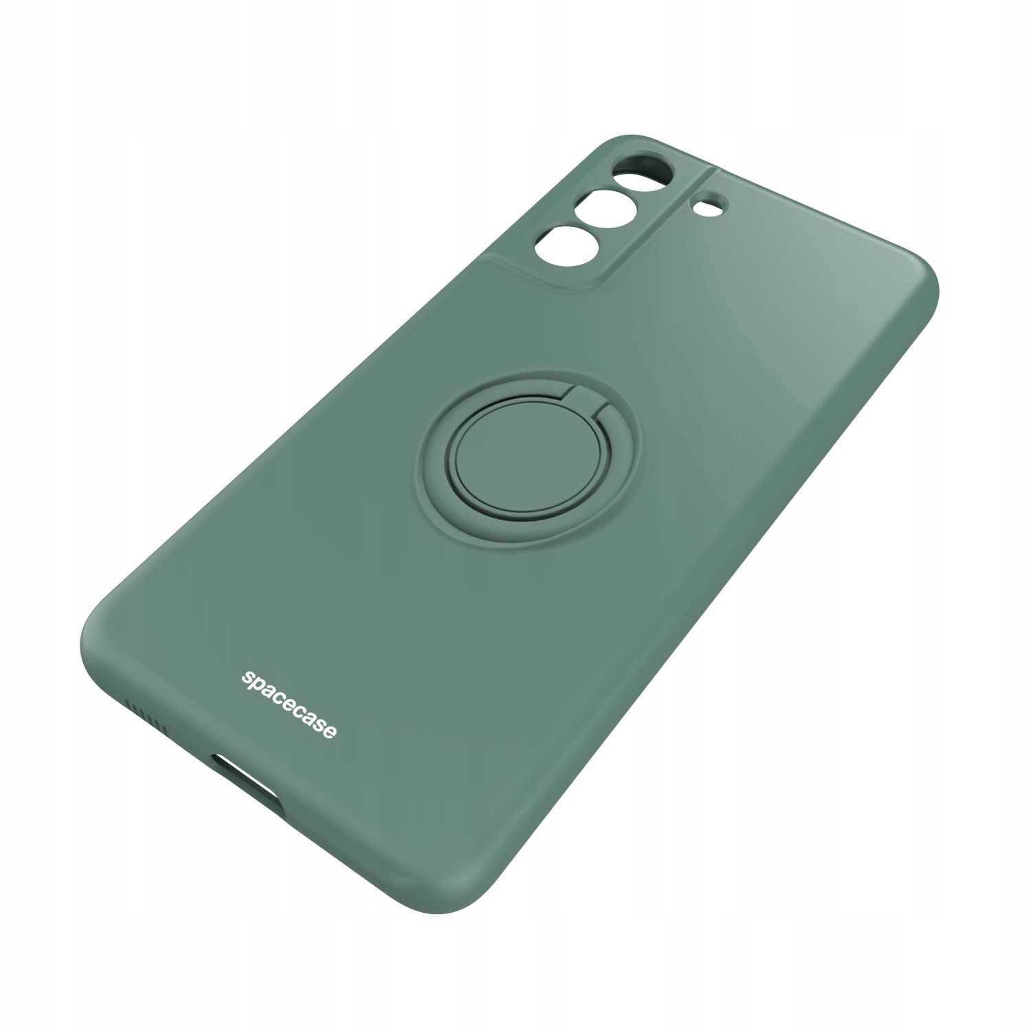 Zielone etui na telefon z uchwytem na pierścień. Z tyłu etui znajduje się logo 'spacecase'.