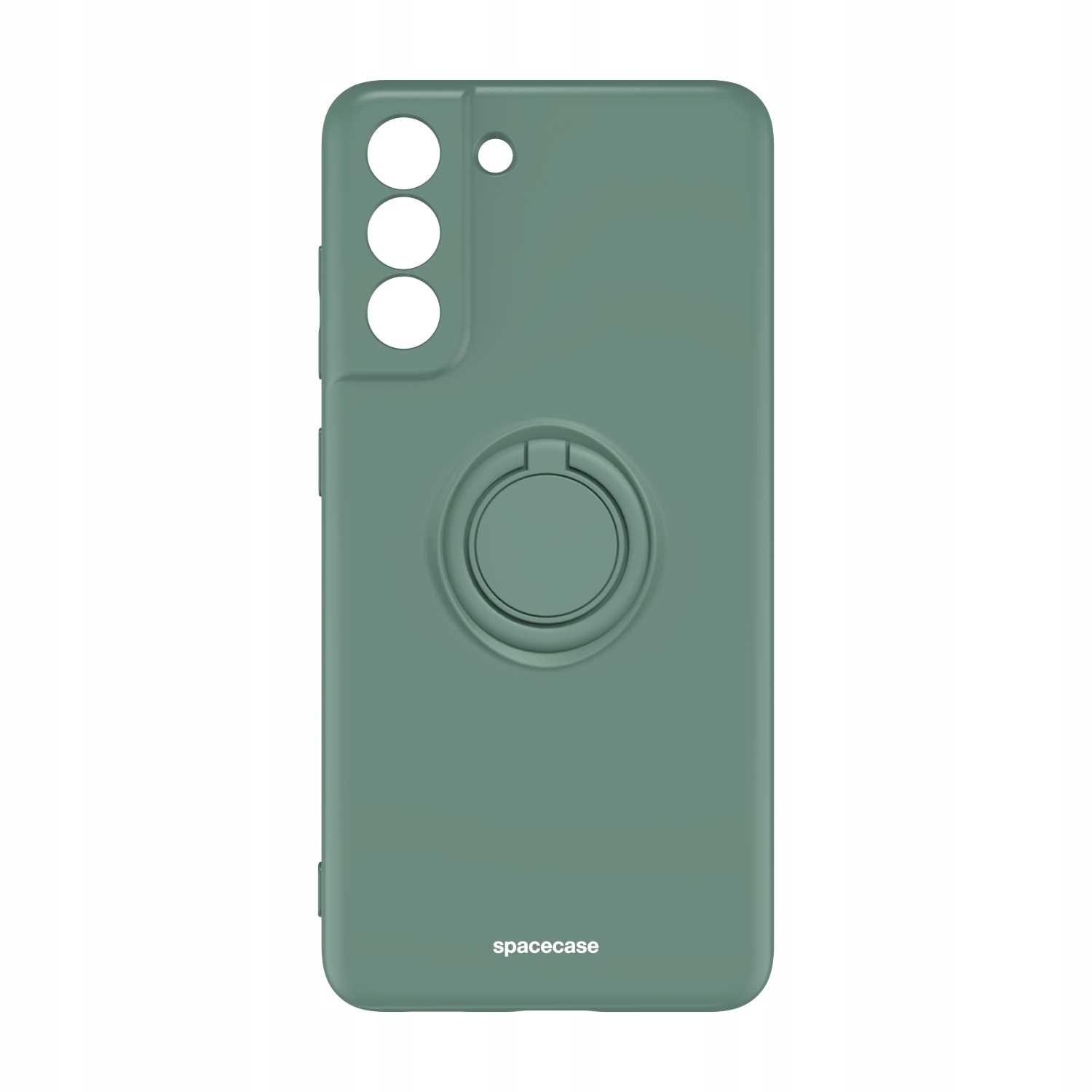 Zielone etui na telefon z uchwytem na pierścień. Etui ma moduł kamery i logo 'spacecase'.
