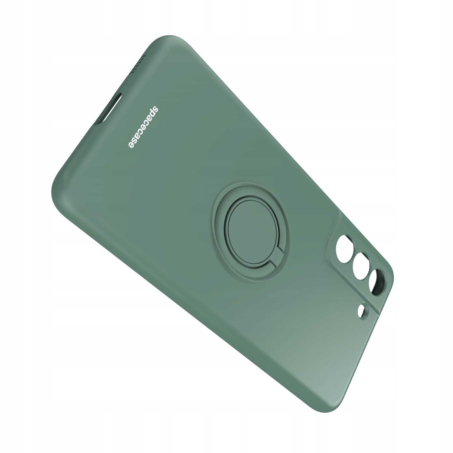 Zielone etui na telefon z uchwytem na pierścień. Tył etui, pochylony pod kątem.