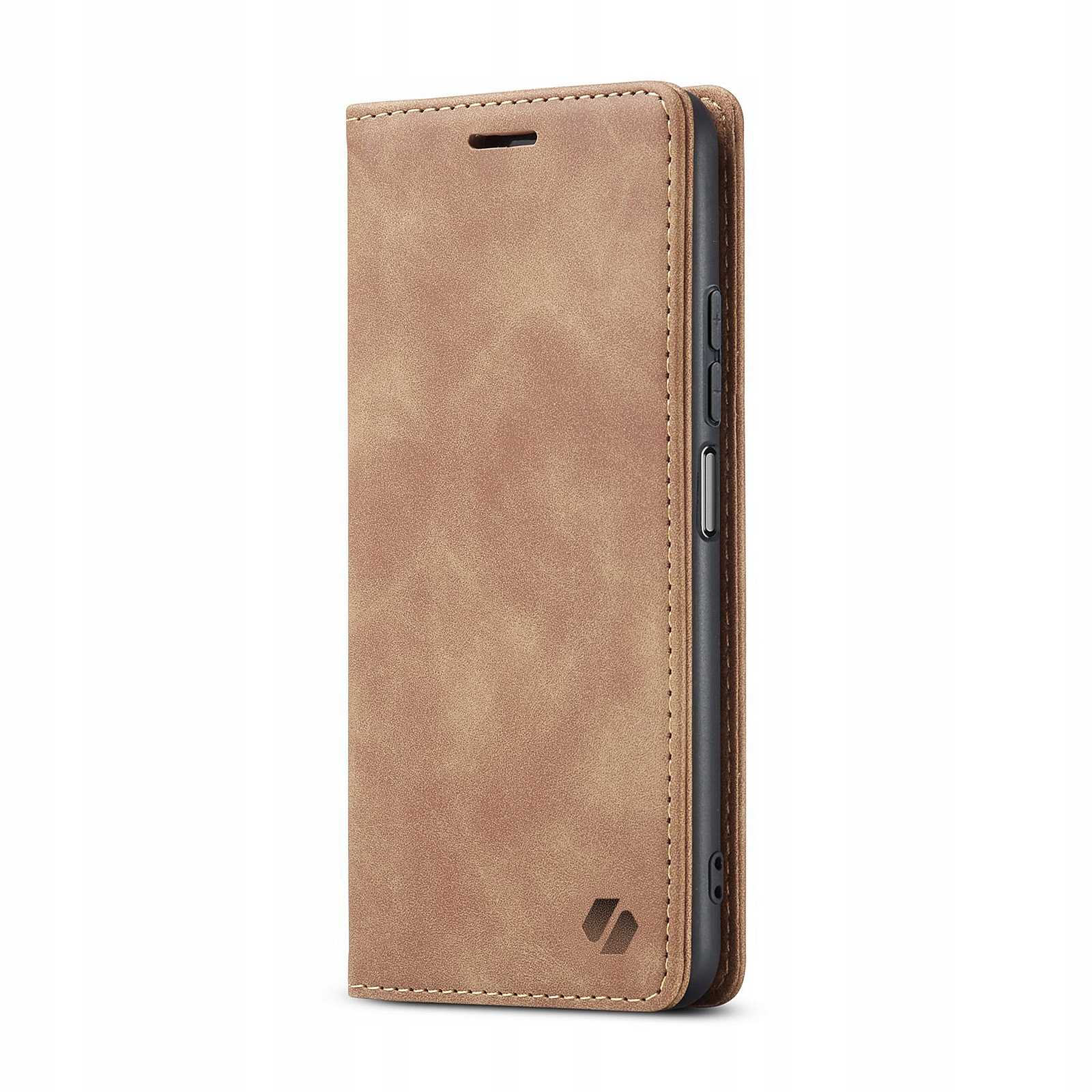 Brązowe etui na telefon, zamknięte, pokazujące przód. Etui ma logo na dole.