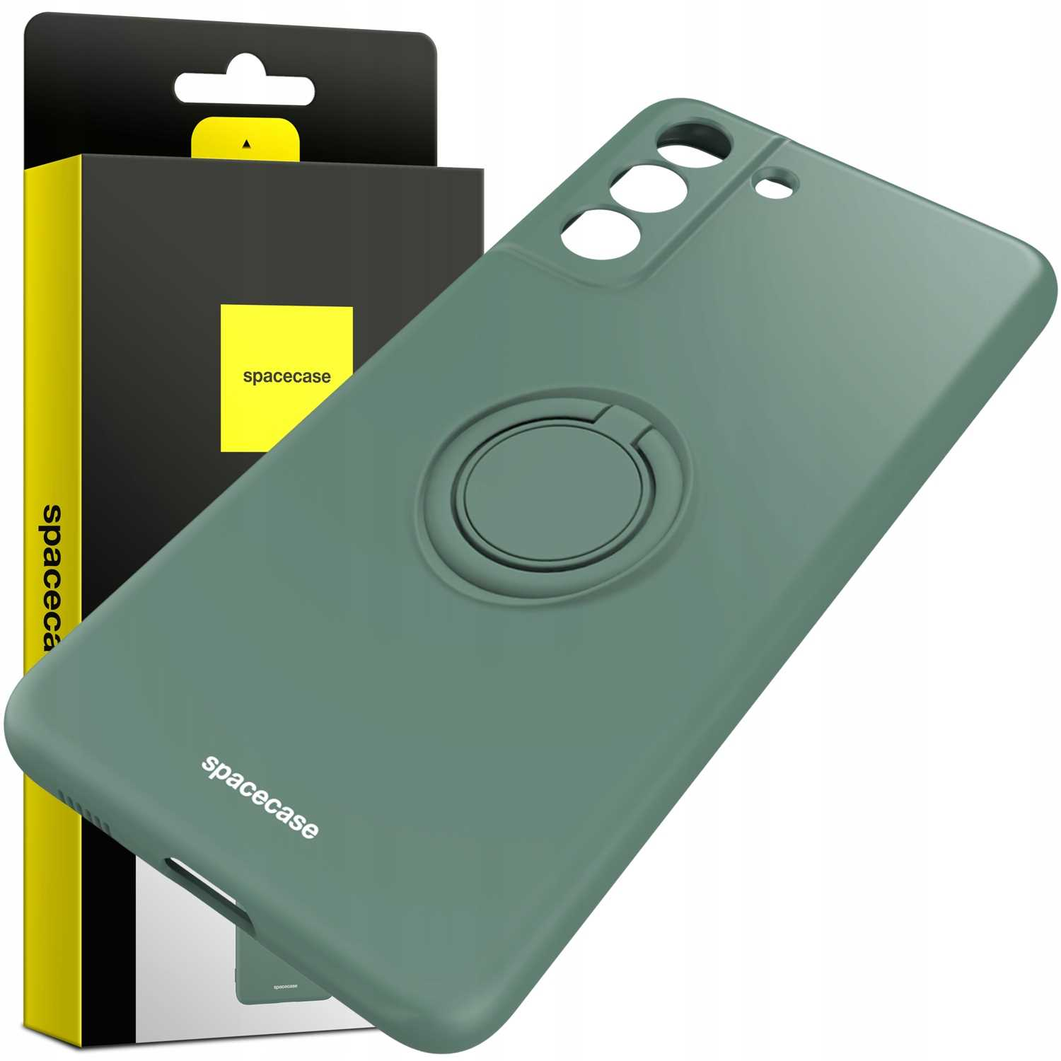 Zielone etui na telefon z uchwytem na pierścień i czarnym pudełkiem. Etui ma logo spacecase.