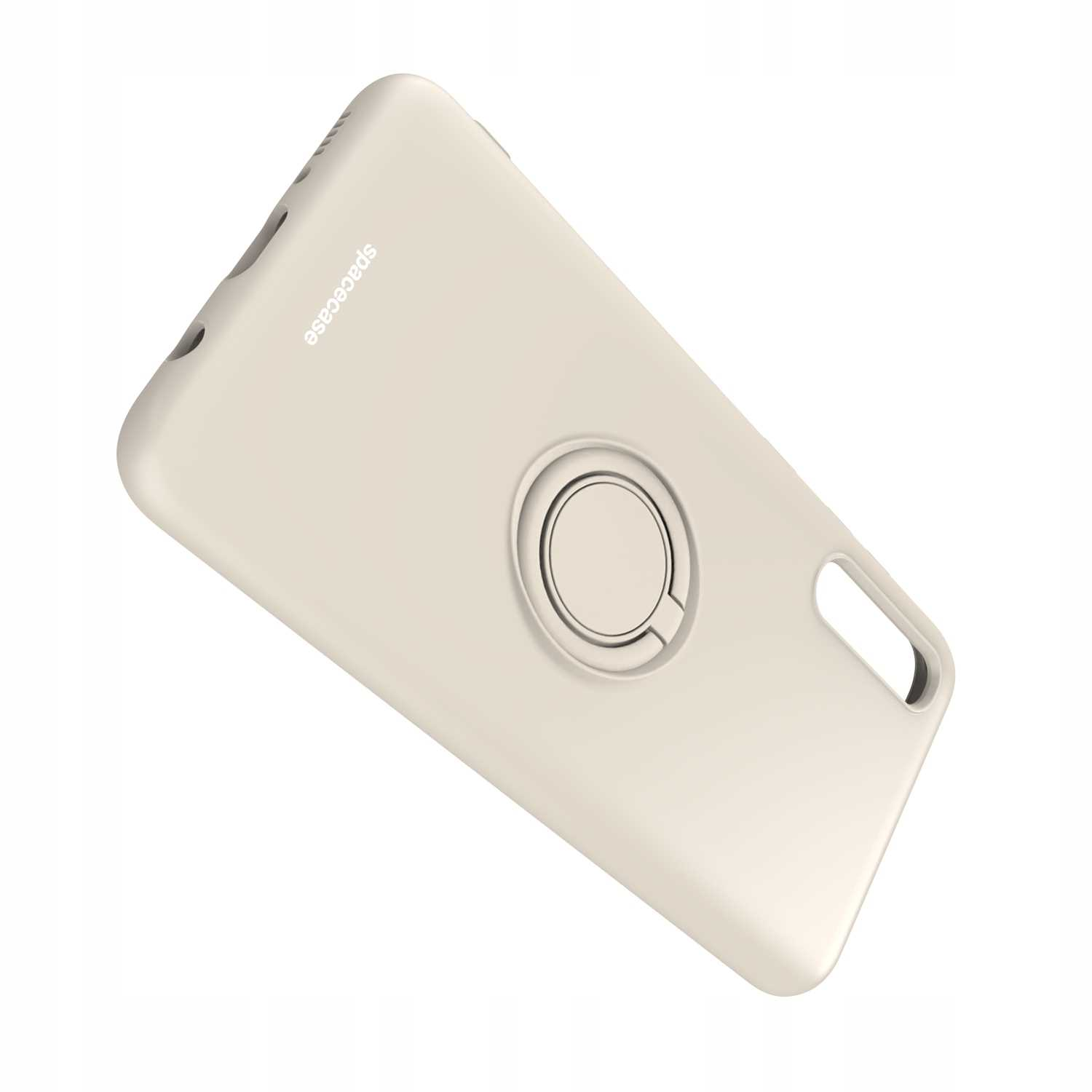 Kremowe etui na telefon z uchwytem na pierścień. Etui znajduje się na białej powierzchni.