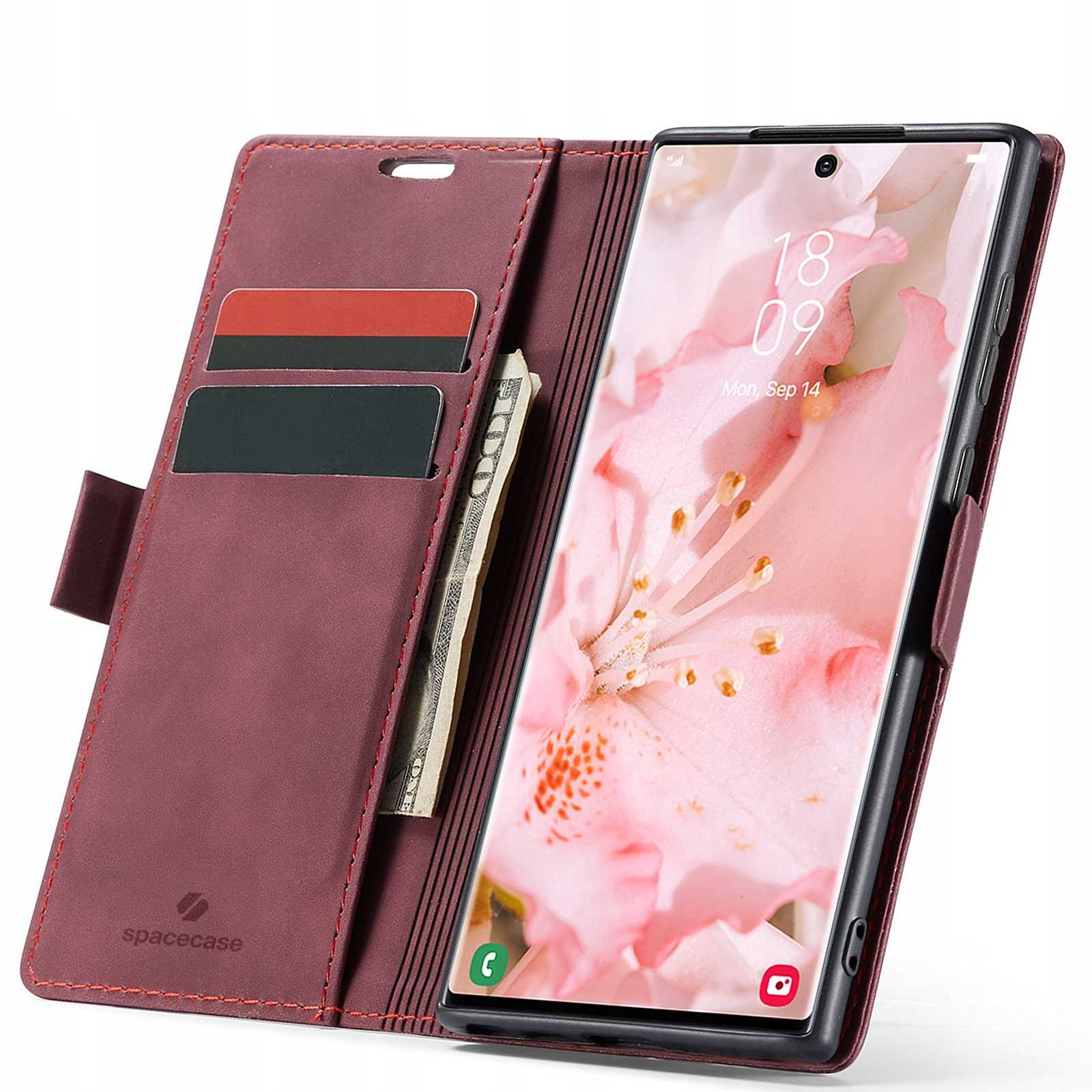 Bordowe etui na telefon z kartami, pieniędzmi i telefonem z kwiatowym ekranem.