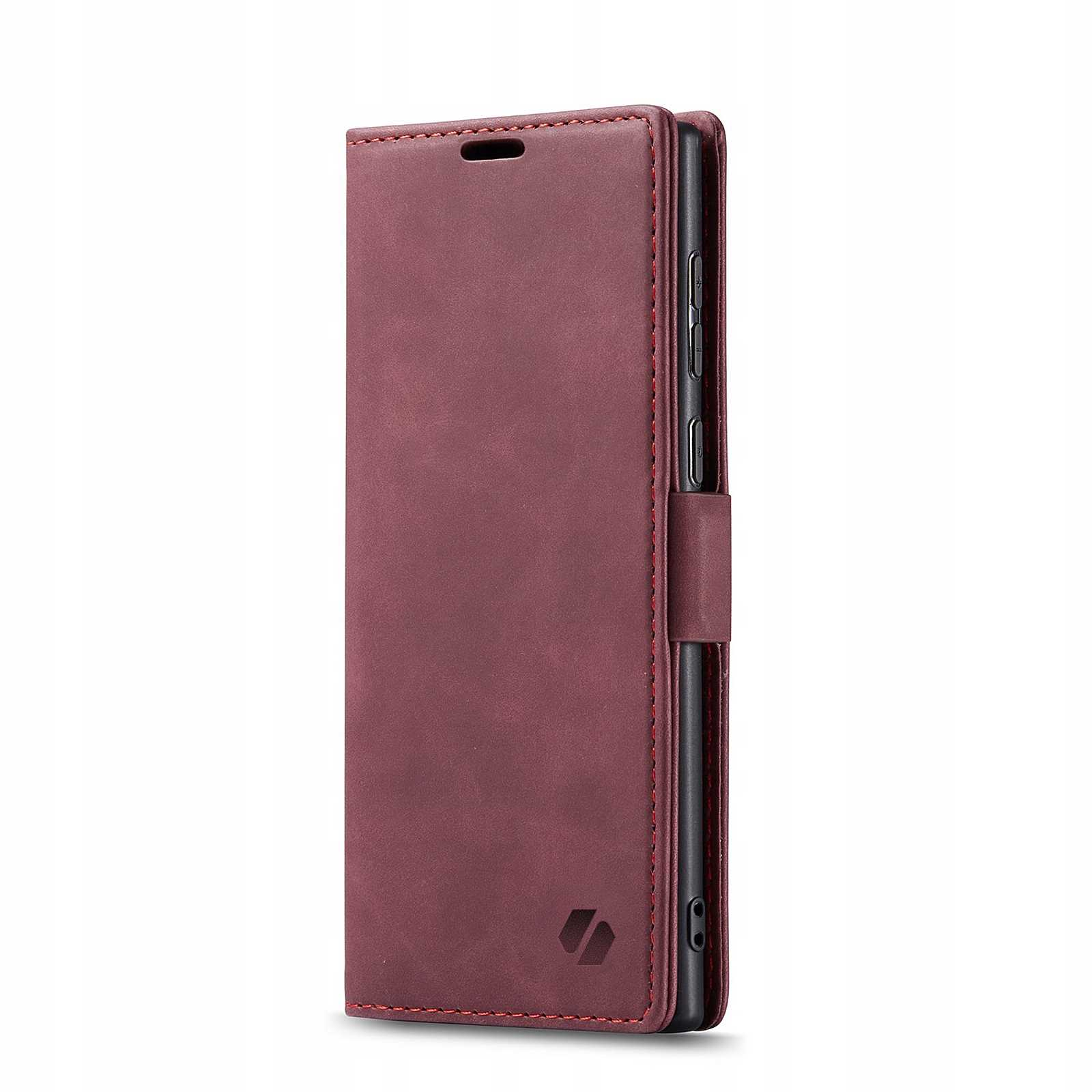 Bordowe etui na telefon, zamknięte. Pokazuje zamknięte etui.