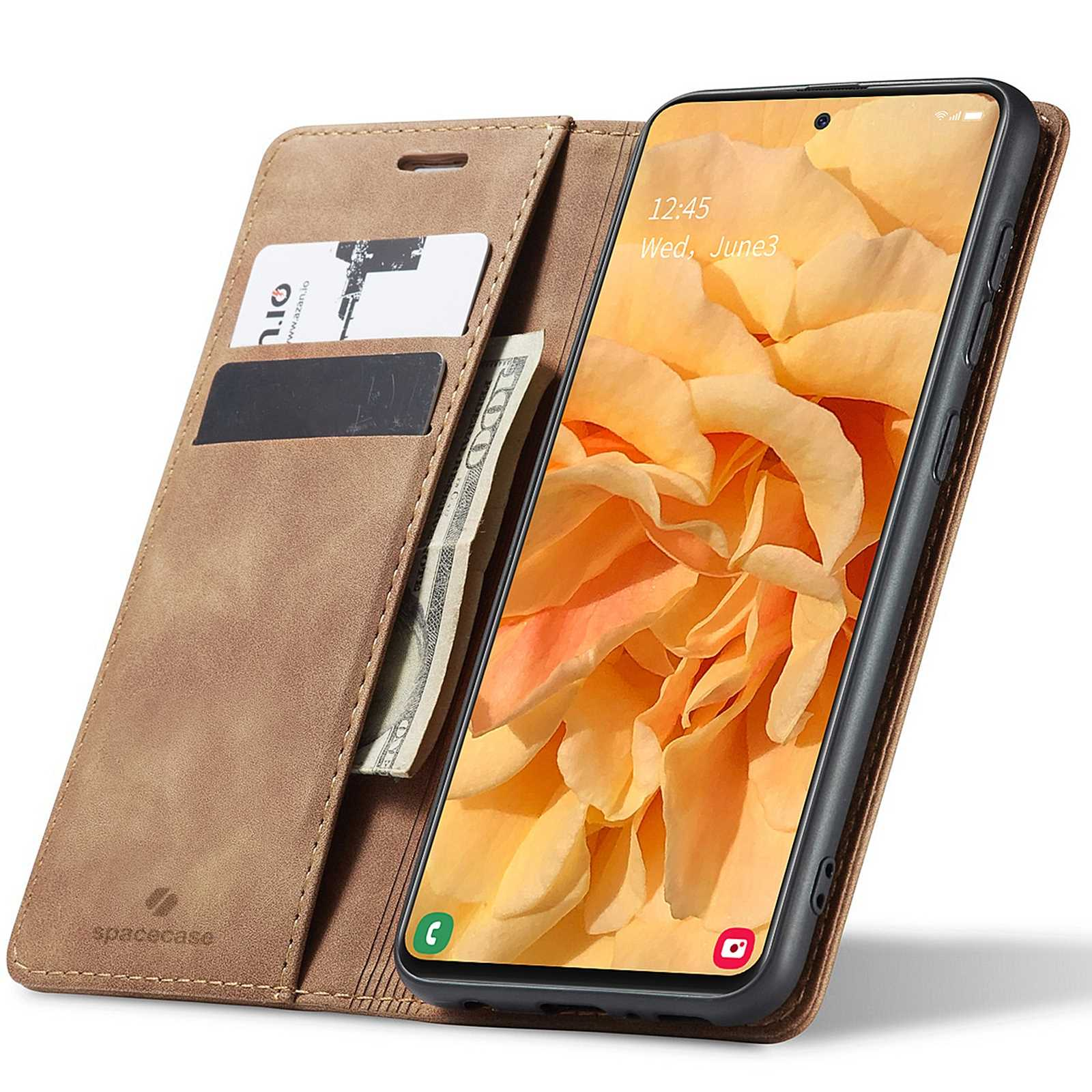 Brązowe etui na telefon otwarte, pokazujące ekran telefonu, karty i pieniądze.