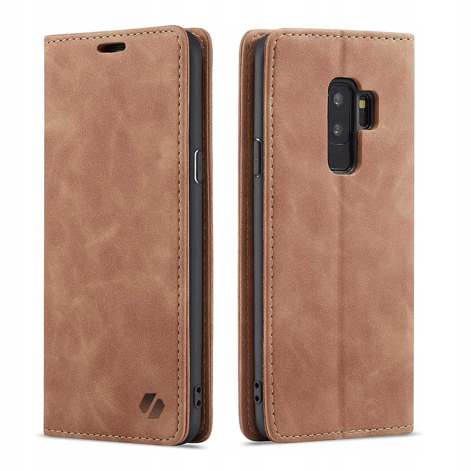 Brązowe skórzane etui na telefon pokazane w dwóch widokach, zamkniętym i otwartym. Oba mają szwy i logo.