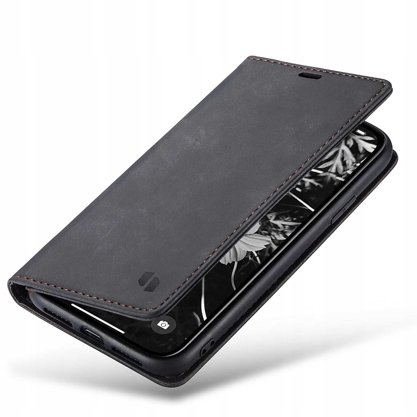 Czarne etui na telefon jest otwarte, odsłaniając ekran telefonu. Etui ma szwy i logo.