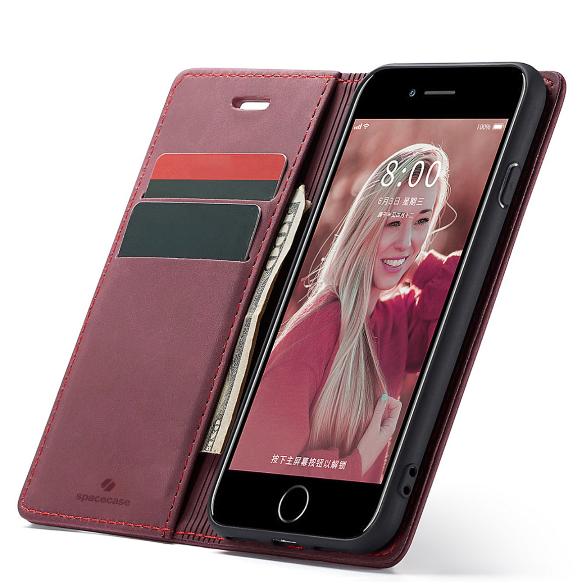 Otwarta obudowa telefonu, pokazująca ekran telefonu. Widoczne karty i pieniądze.