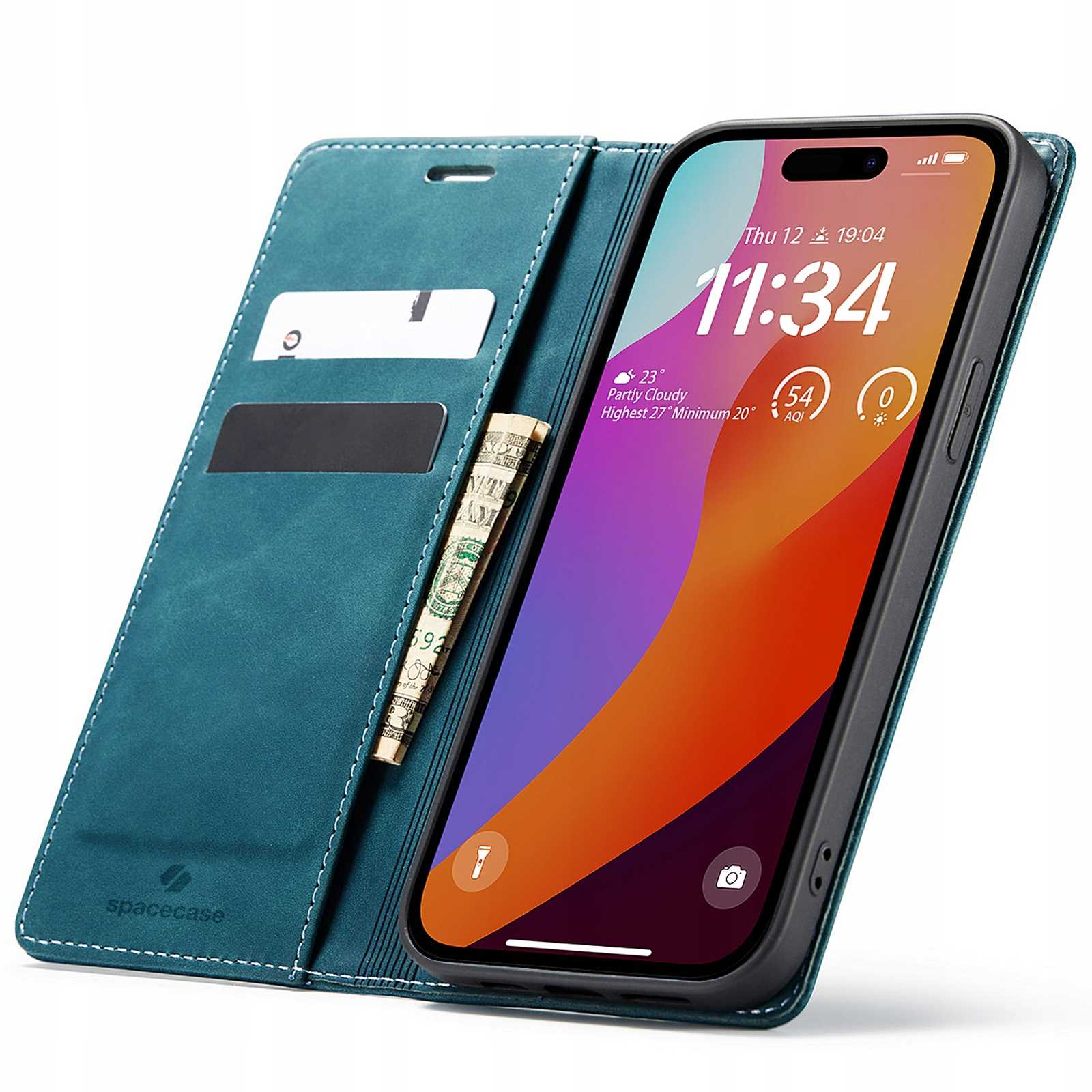 Turkusowe etui na telefon otwarte, pokazujące ekran telefonu z interfejsem. Pieniądze wewnątrz.