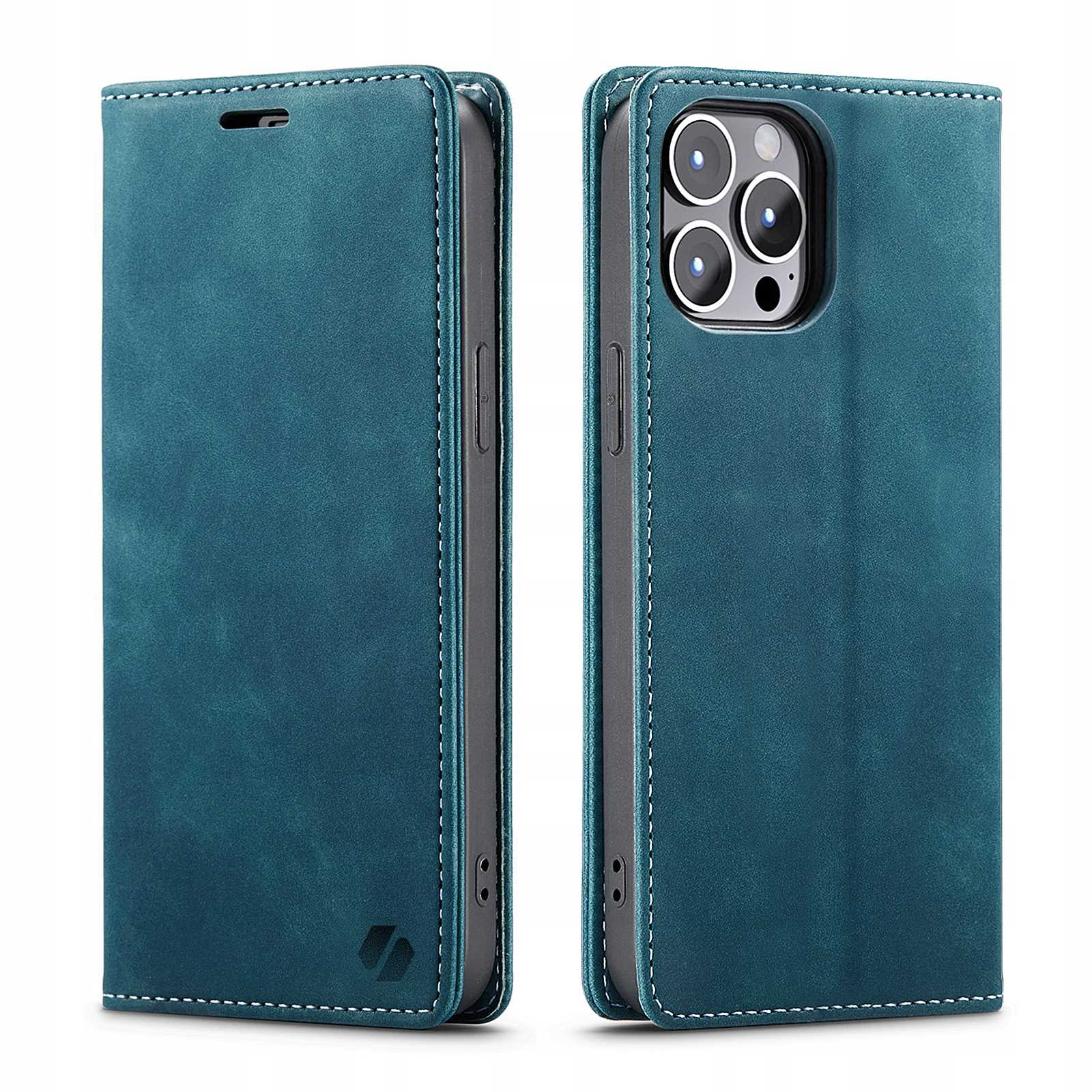 Niebieskie skórzane etui na telefon, zamknięte. Etui leży na białej powierzchni. Etui jest w stylu portfela.