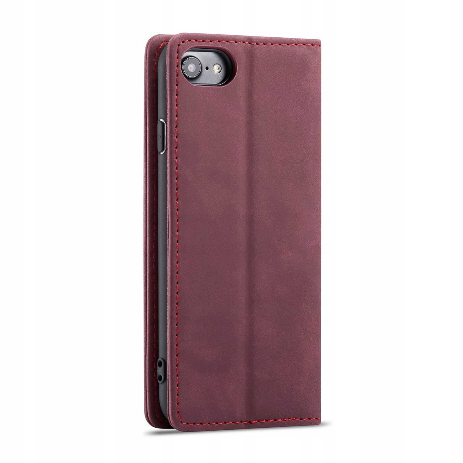 Bordowe etui na telefon częściowo otwarte. Czerwone szwy. Widoczny obiektyw aparatu.