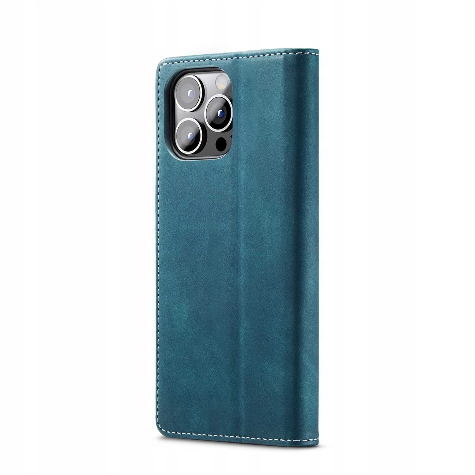 Niebieskie skórzane etui na telefon, zamknięte. Etui leży na białej powierzchni. Etui jest w stylu portfela.