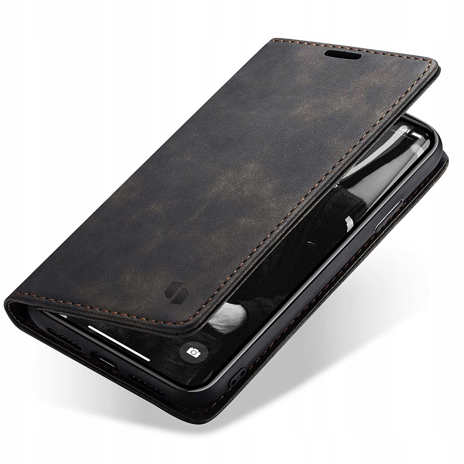 Czarne etui na telefon, otwarte. Telefon w środku. Etui częściowo otwarte. Czarny telefon.