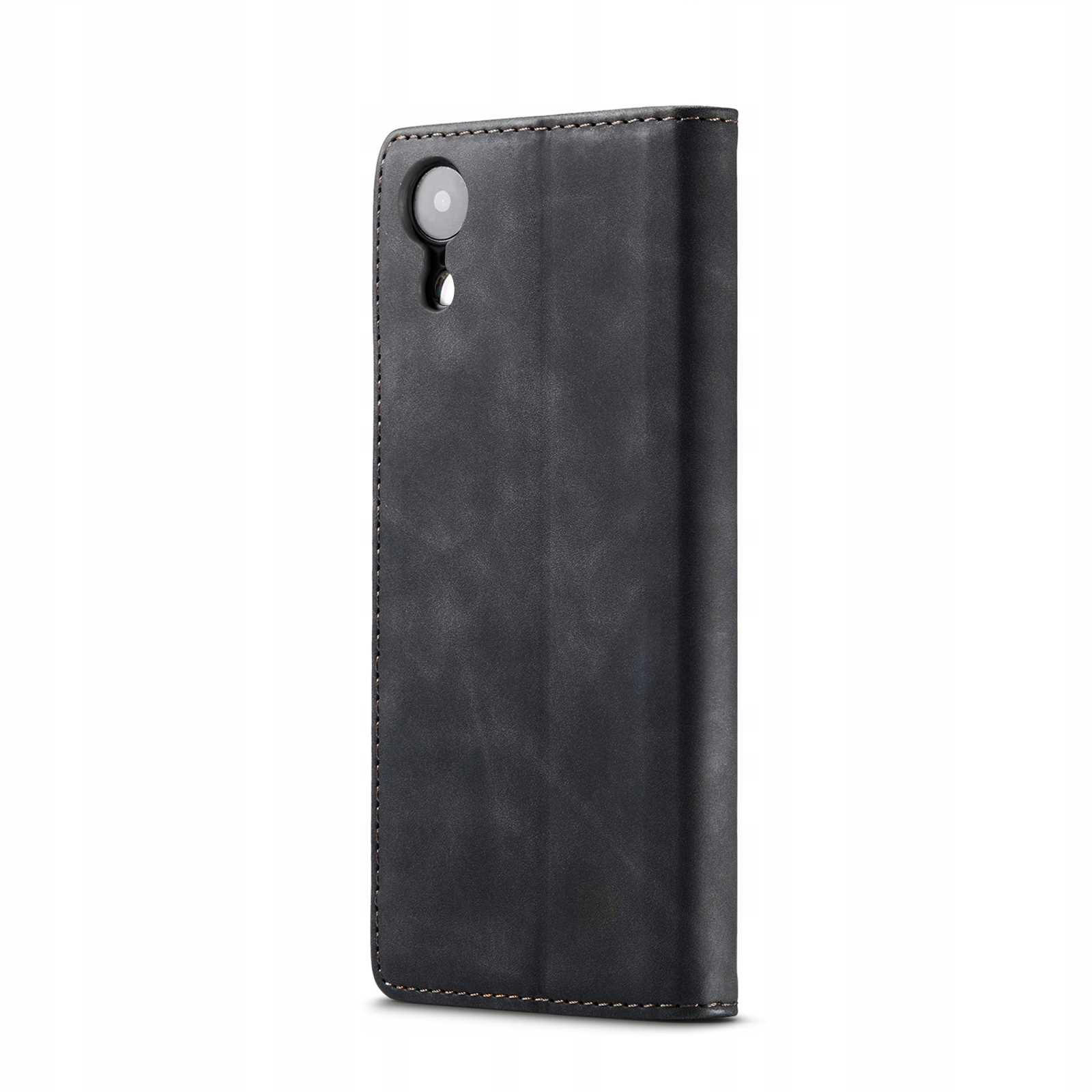 Czarne etui na telefon zamknięte z aparatem. Brązowe szwy.