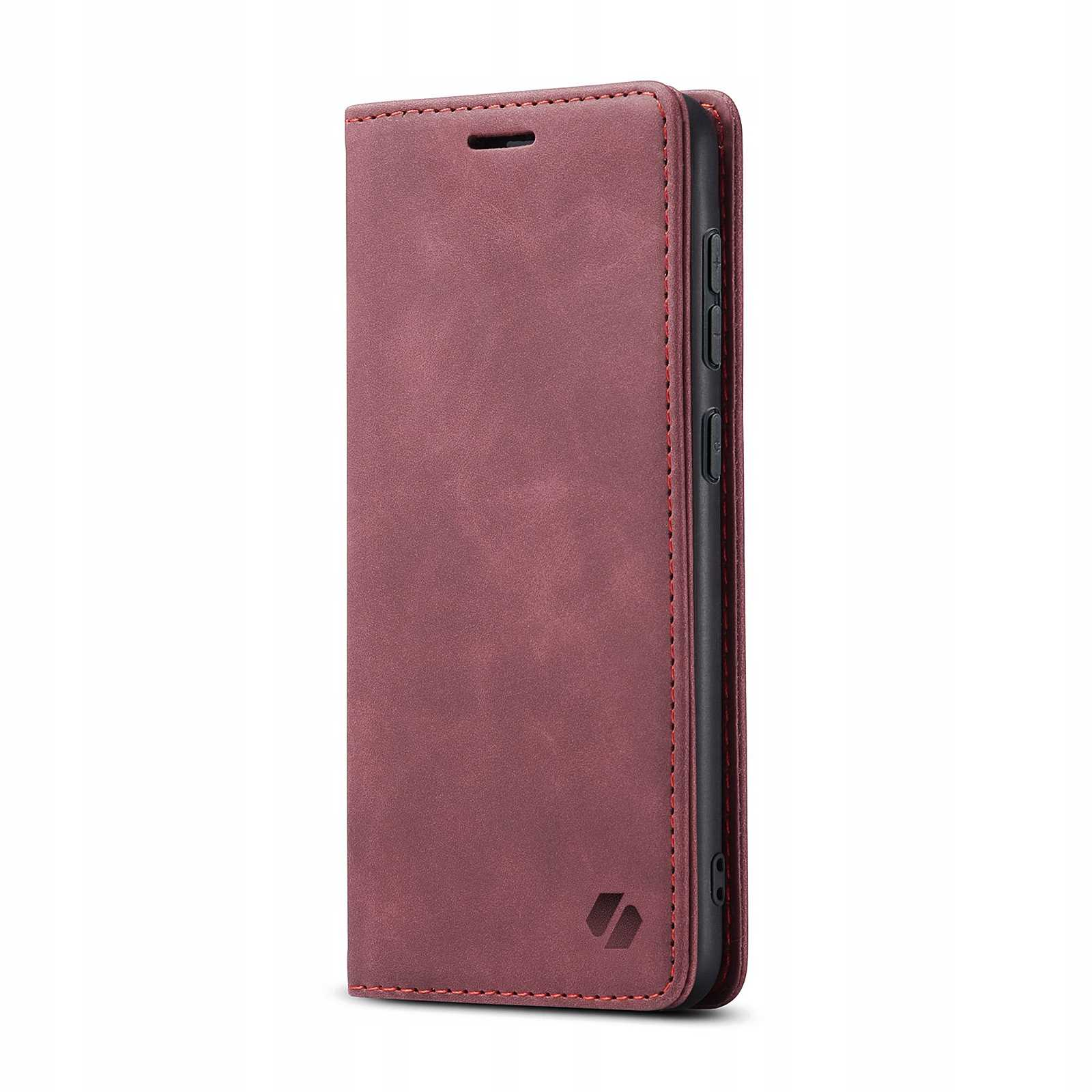 Zamknięte bordowe etui na telefon z czerwonymi szwami. Etui pokazane jest z przodu.