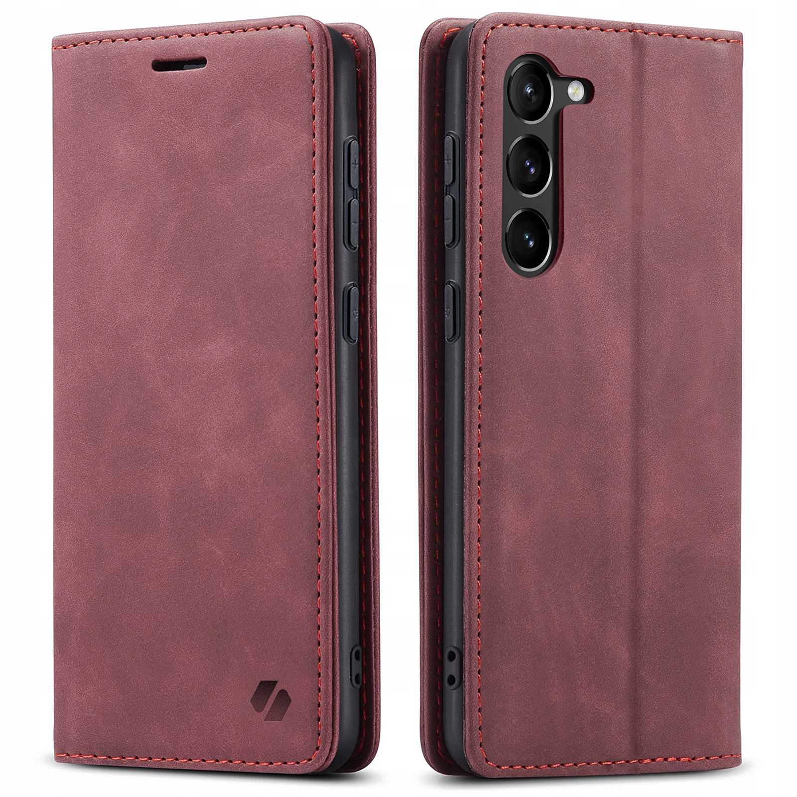 Bordowe etui na telefon. Otwarte etui pokazuje telefon po prawej stronie. Widoczne czerwone szwy. Czarny telefon z aparatami.