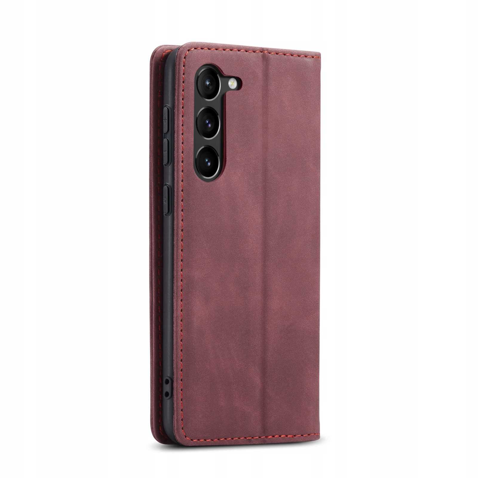 Bordowe etui na telefon, zamknięte. Logo jest widoczne. Czerwone szwy.
