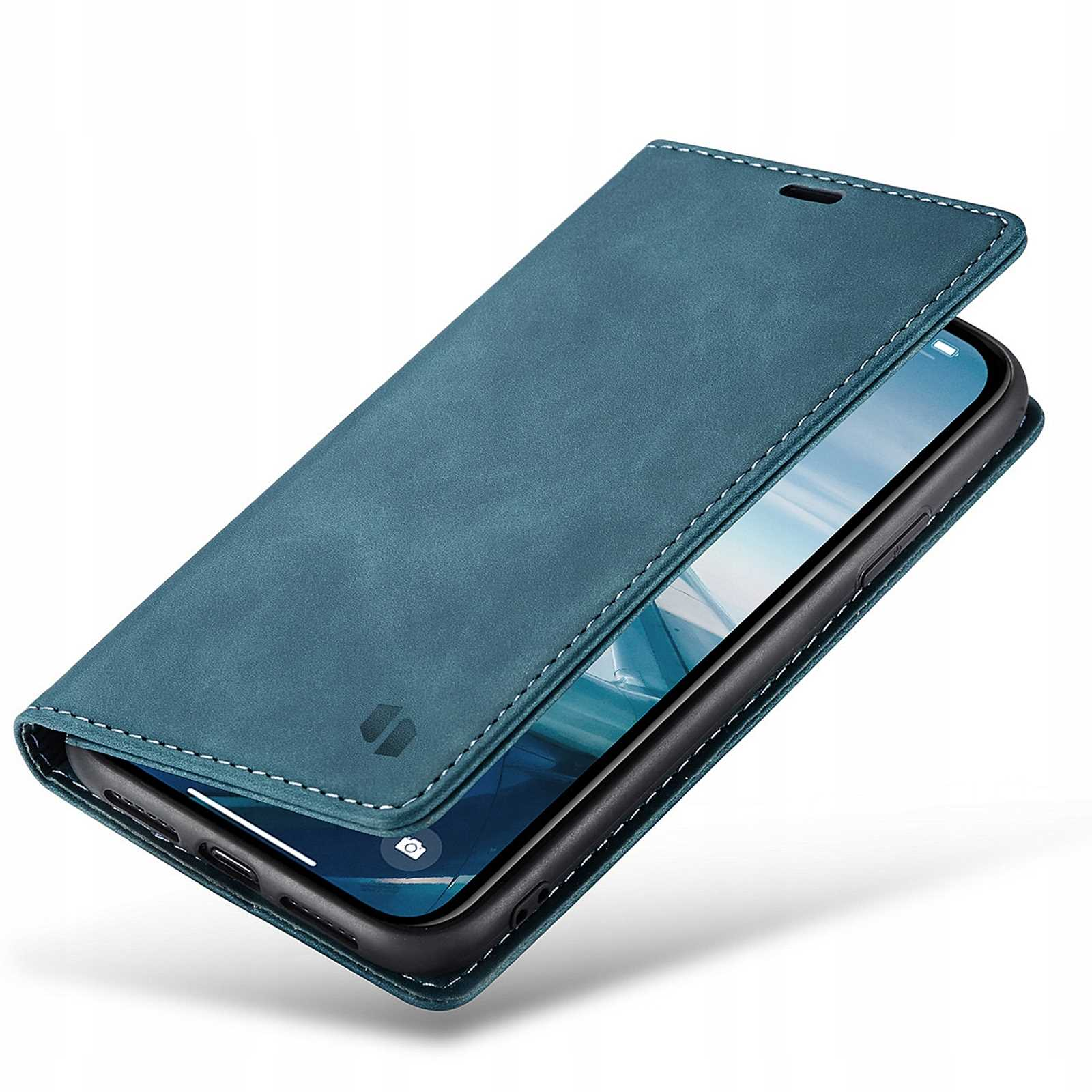 Otwarty, niebieskozielony futerał na telefon, pokazujący telefon. Białe szwy. Widoczne logo Spacecase.