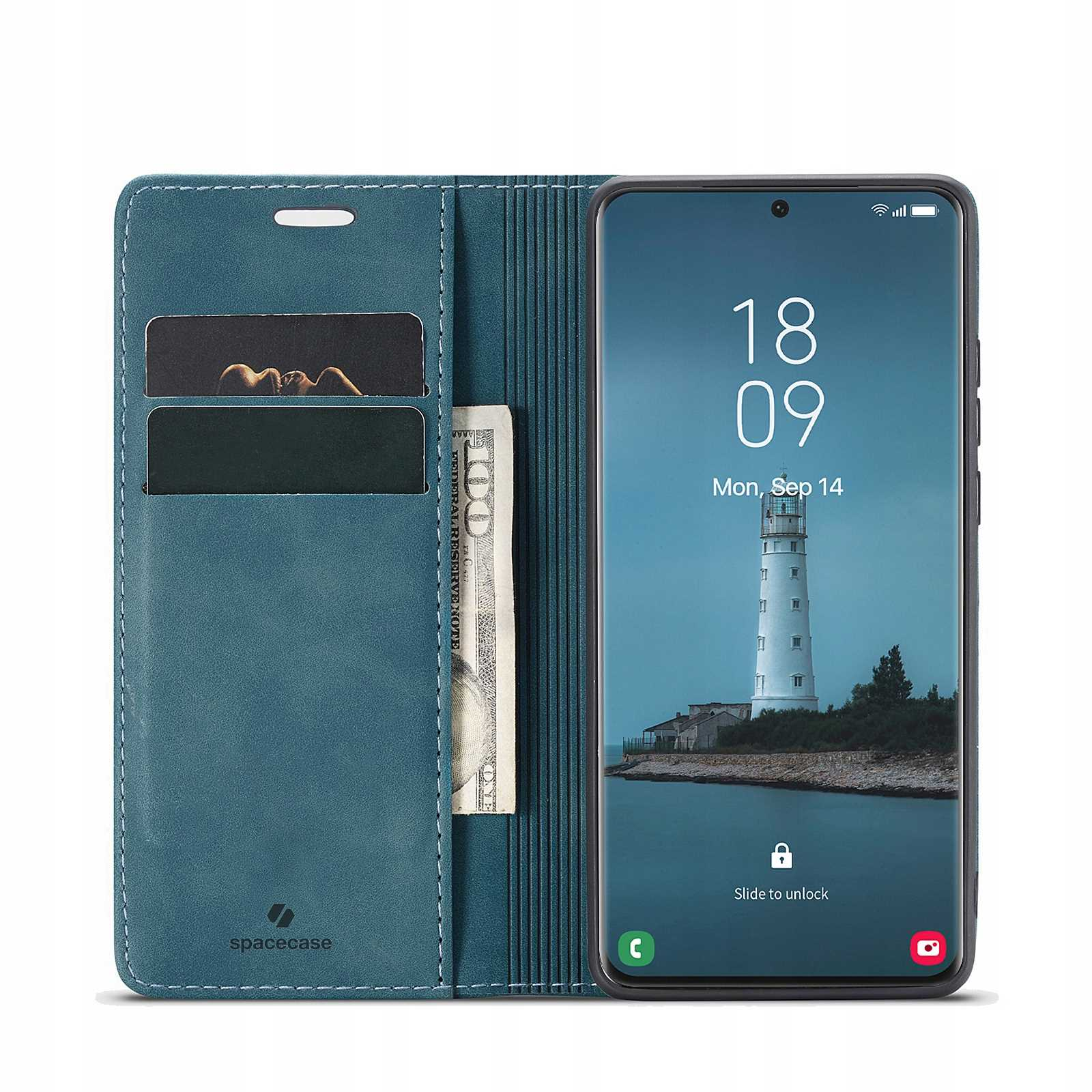 Niebieskie etui na telefon z telefonem wyświetlającym obraz latarni morskiej i kartami. Etui otwarte.