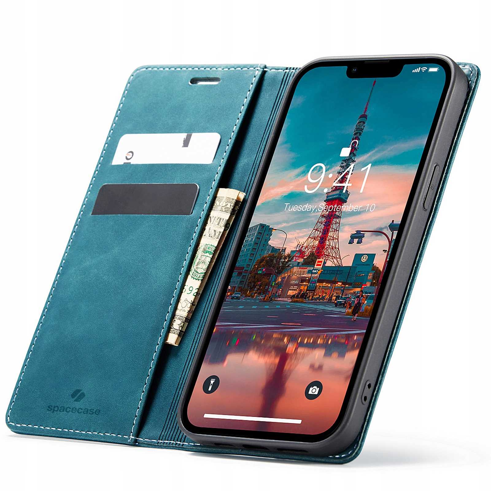 Niebieskie etui na telefon z telefonem wyświetlającym scenę miejską, karty i pieniądze. Etui otwarte.