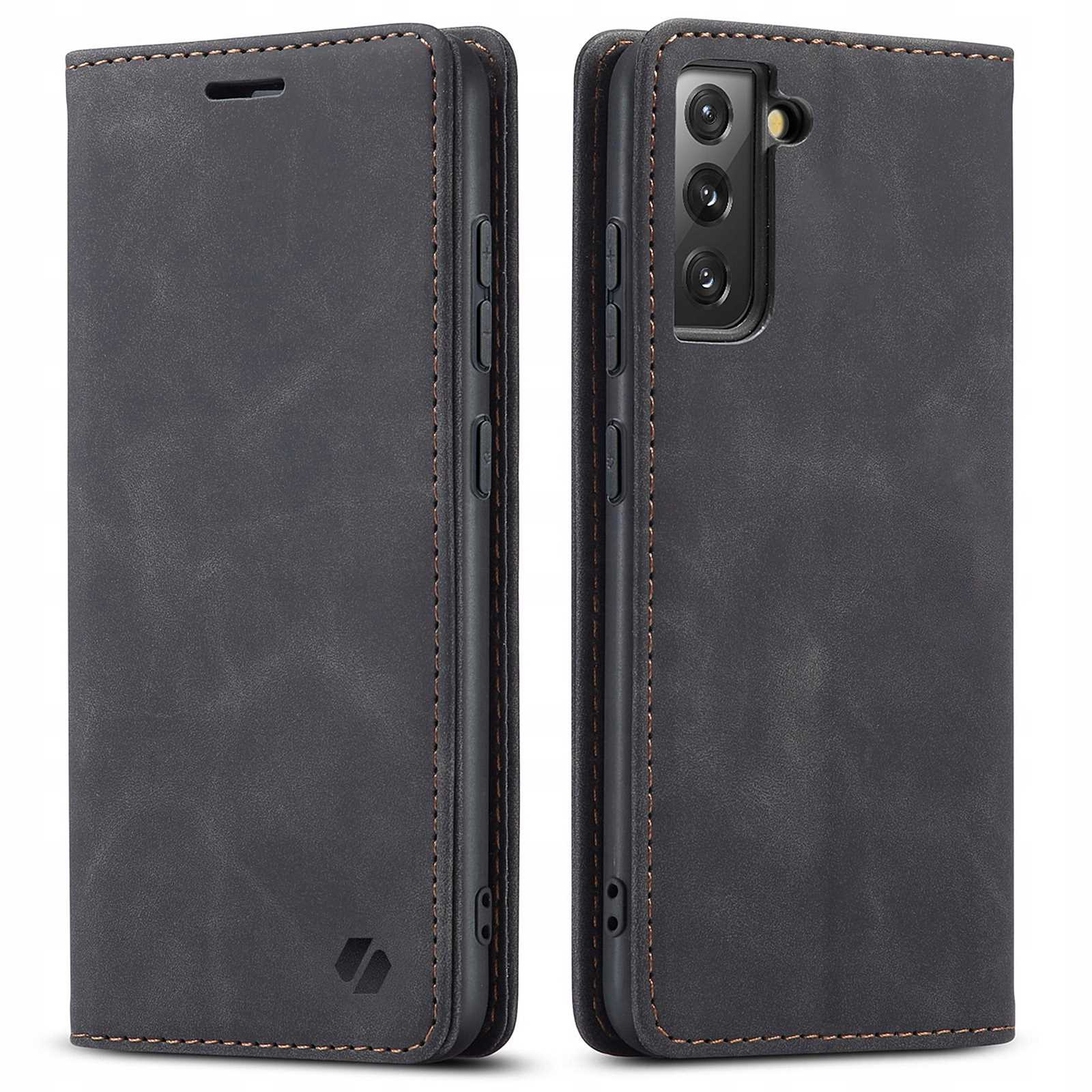 Dwuczęściowe ciemnoszare etui na telefon, zamknięte i otwarte. Ze szwami i logo.