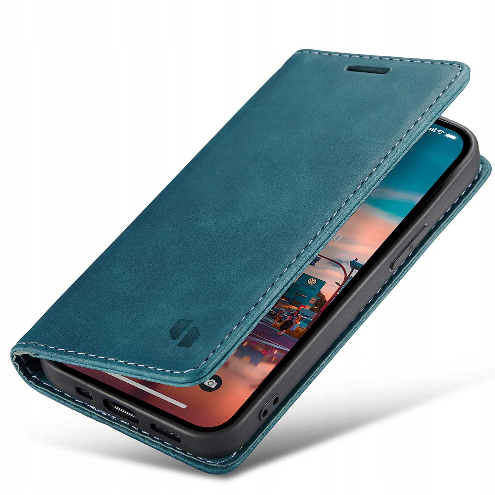Niebieskie etui na telefon w połowie otwarte, widoczny ekran telefonu. Etui jest niebieskie z białymi przeszyciami.