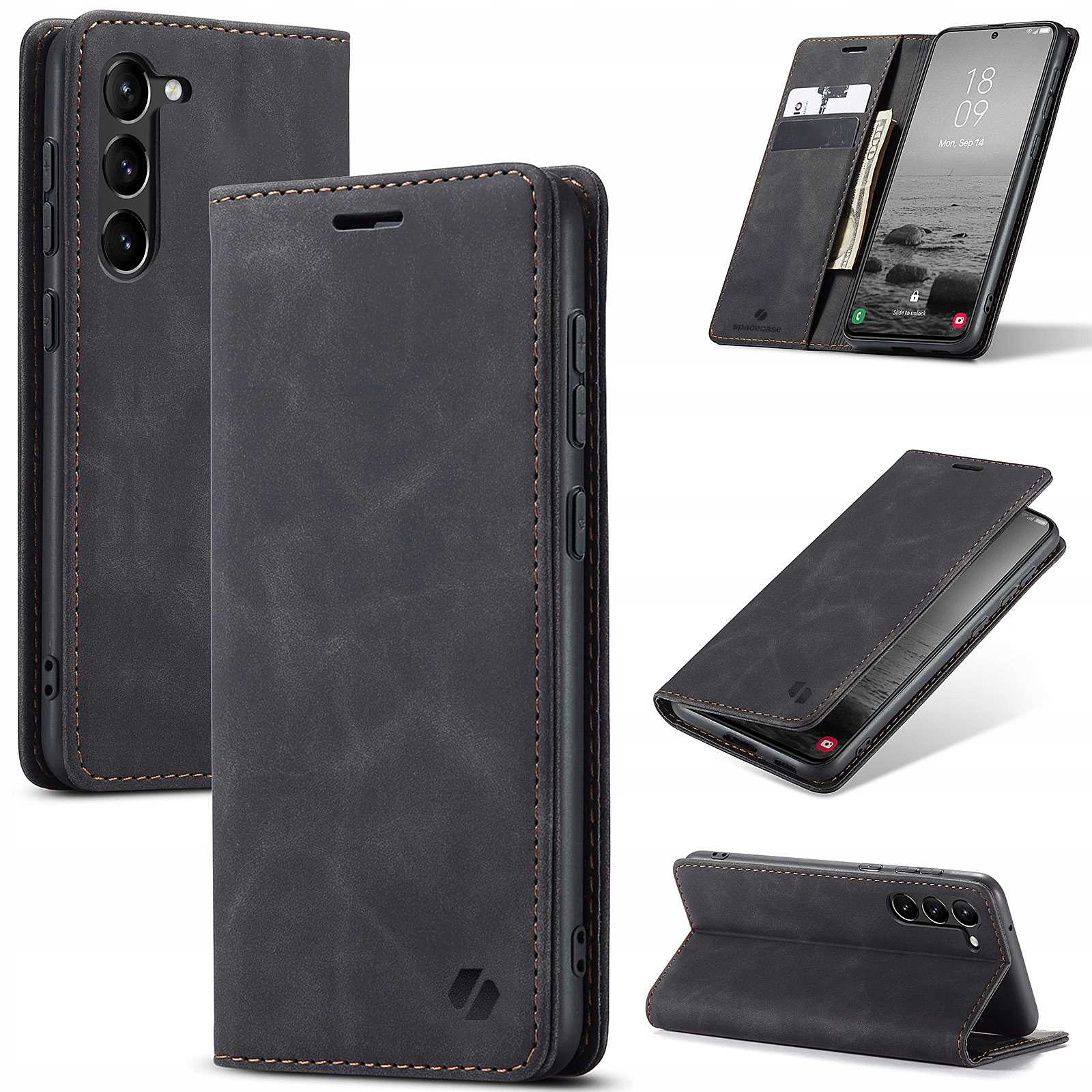 Wiele widoków czarnego etui na telefon z telefonem w środku.
