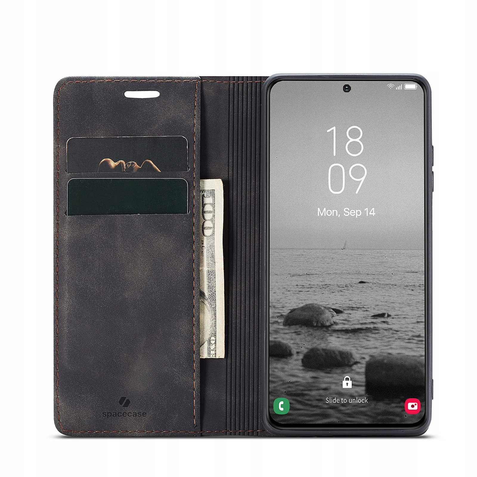 Ciemnoszare etui na telefon, otwarte. Ekran pokazuje plażę i godzinę.