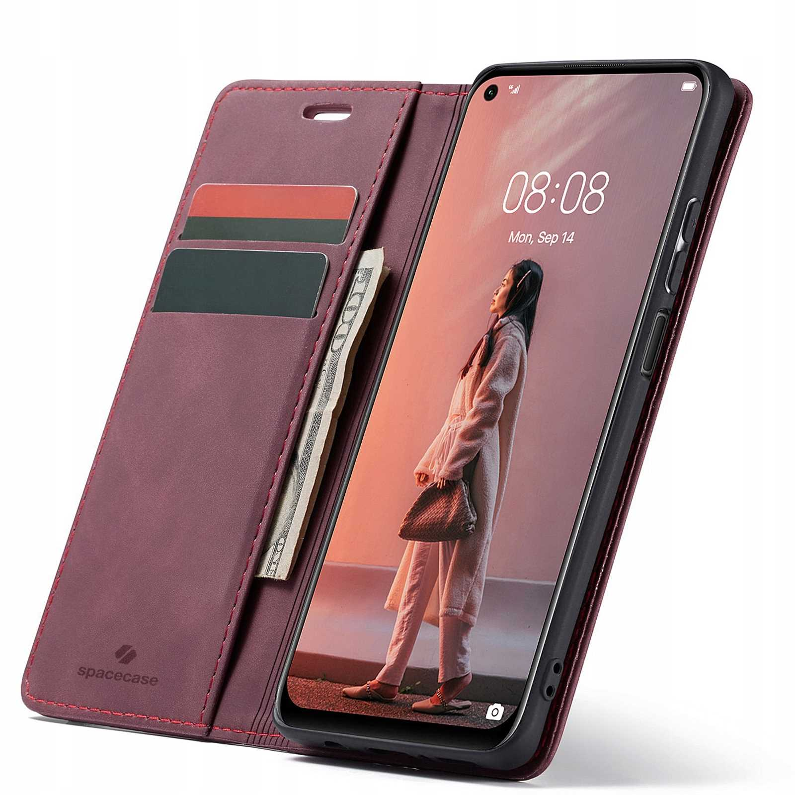 Etui na telefon w kolorze wina, otwarte. Ekran pokazuje kobietę i pieniądze.
