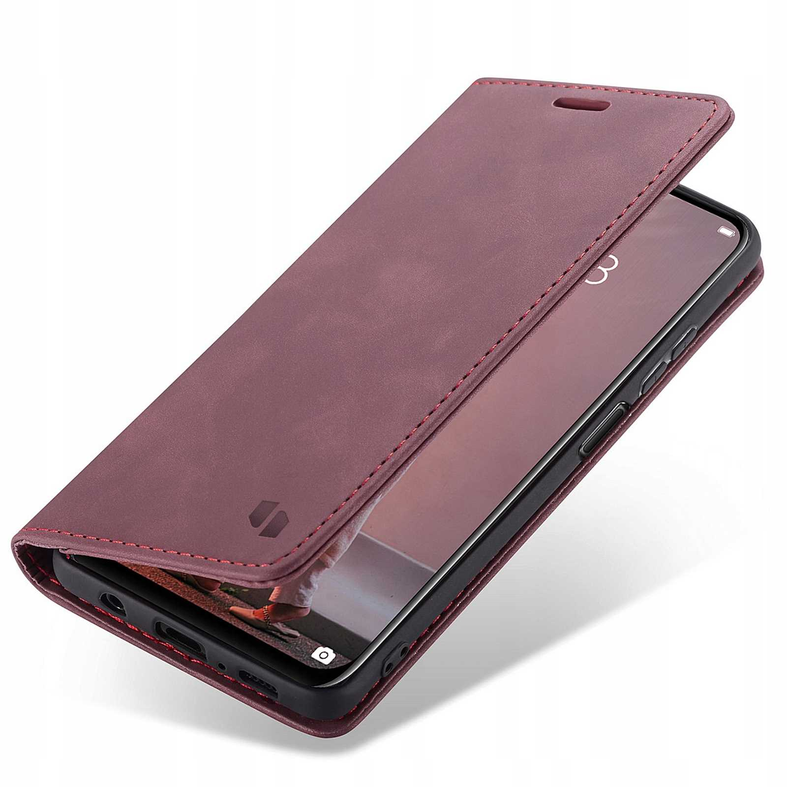 Etui na telefon w kolorze wina, otwarte. Widoczny ekran telefonu, z detalami.
