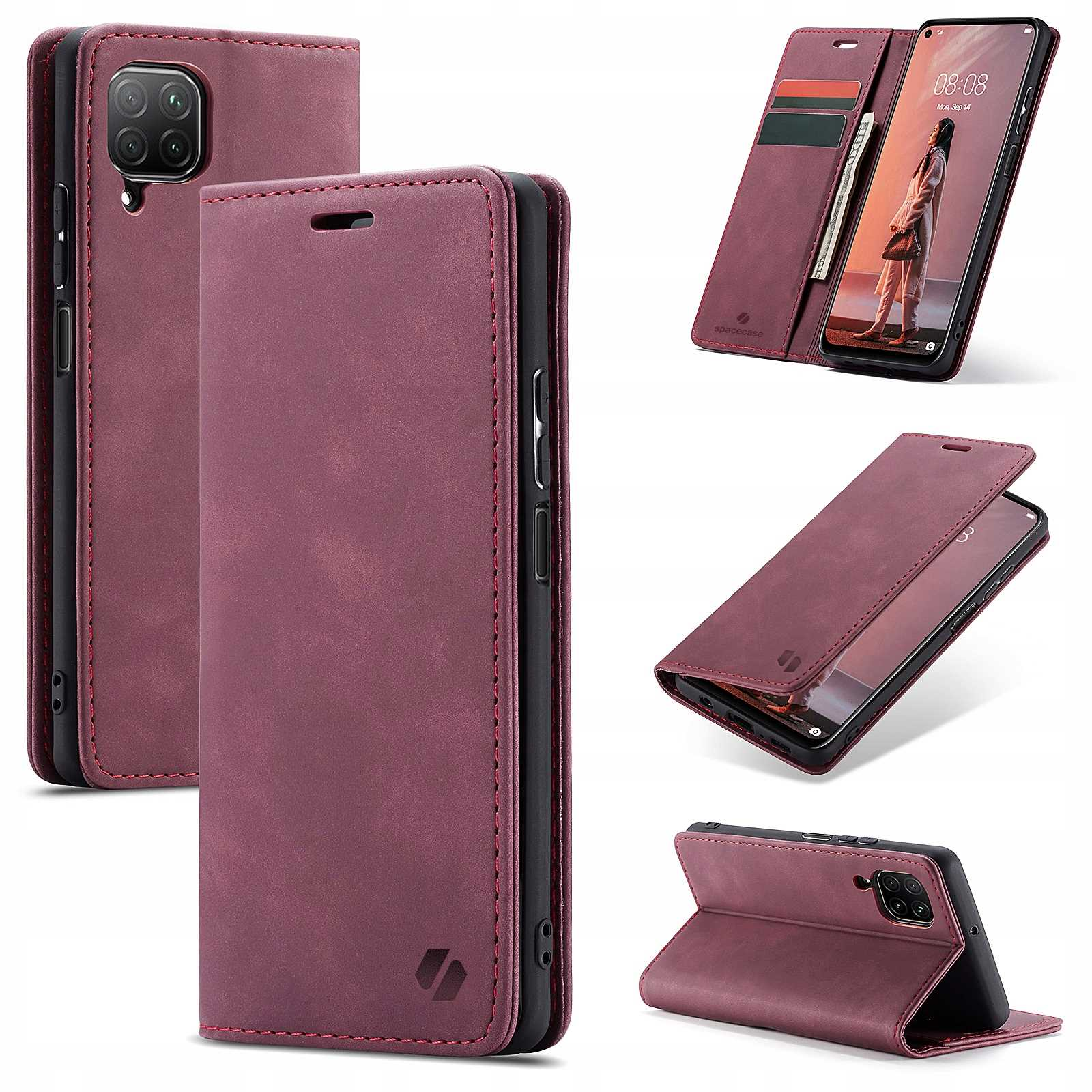 Etui na telefon w kolorze wina, w wielu widokach. Pokazuje telefon i detale.