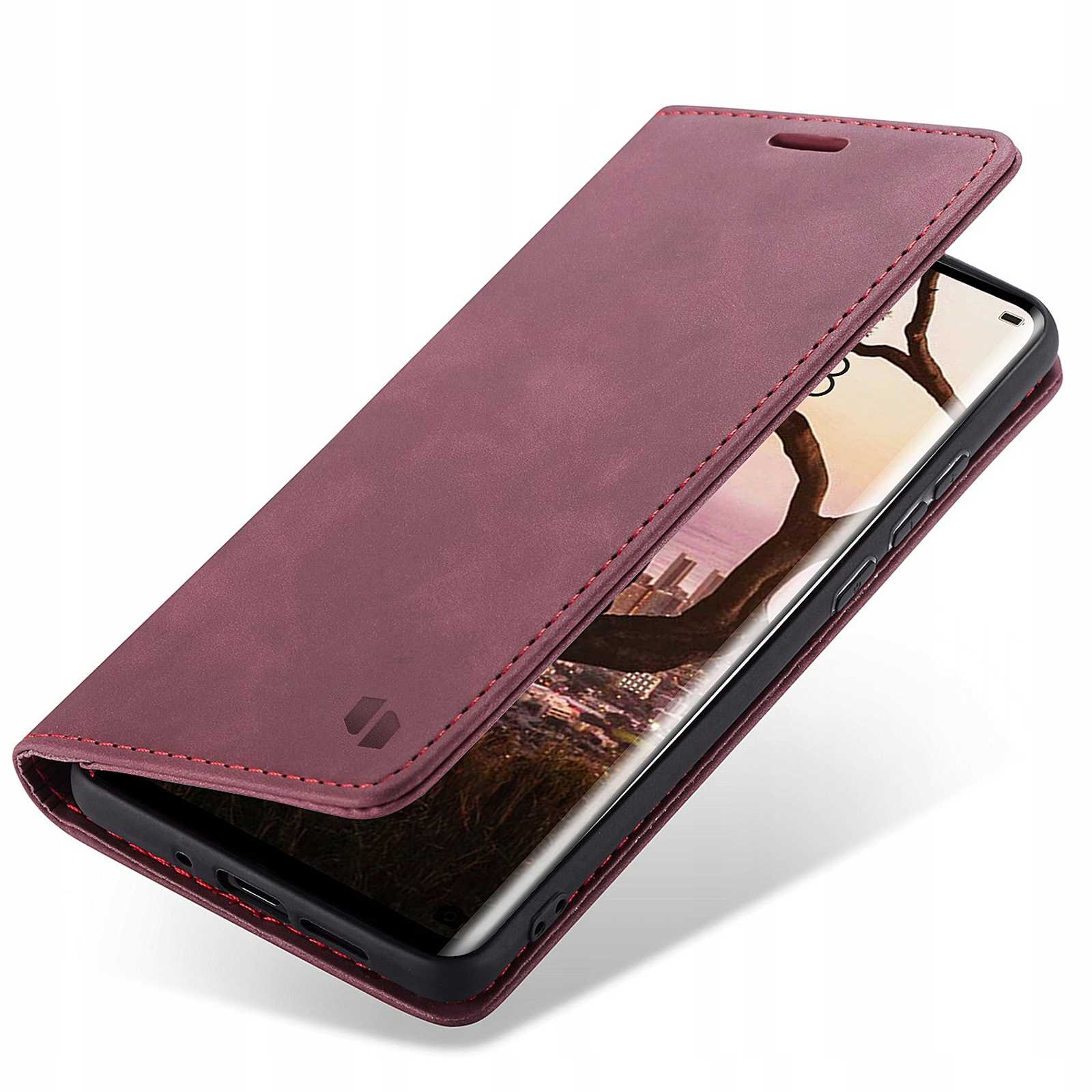 Otwarty bordowy futerał na telefon. Ma czerwone przeszycia.