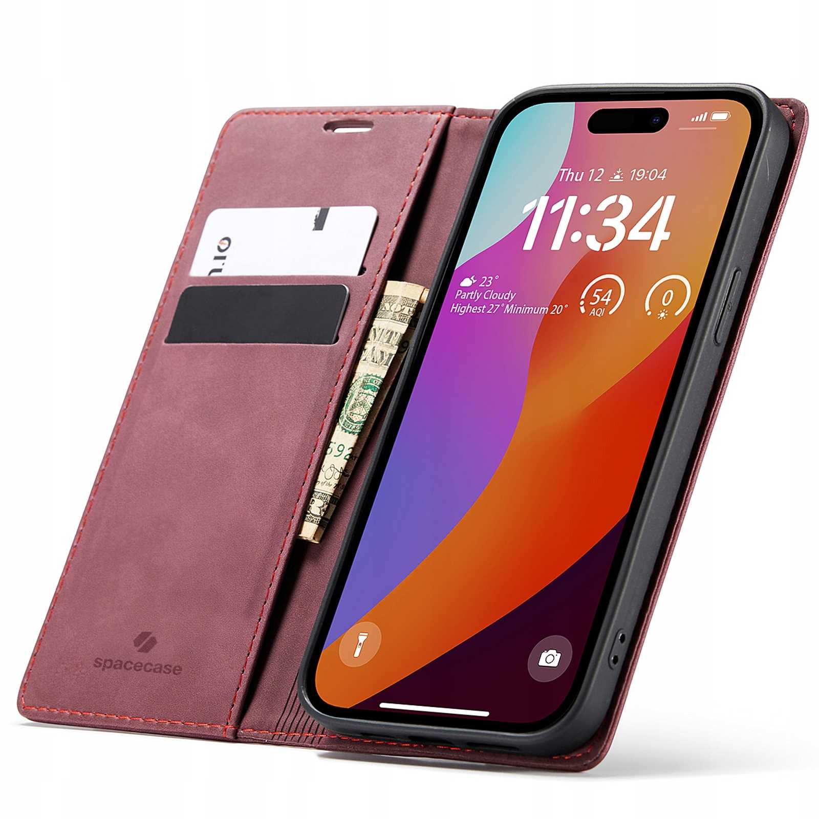 Otwarta bordowa obudowa z iPhone'em. Widoczna karta kredytowa i gotówka.