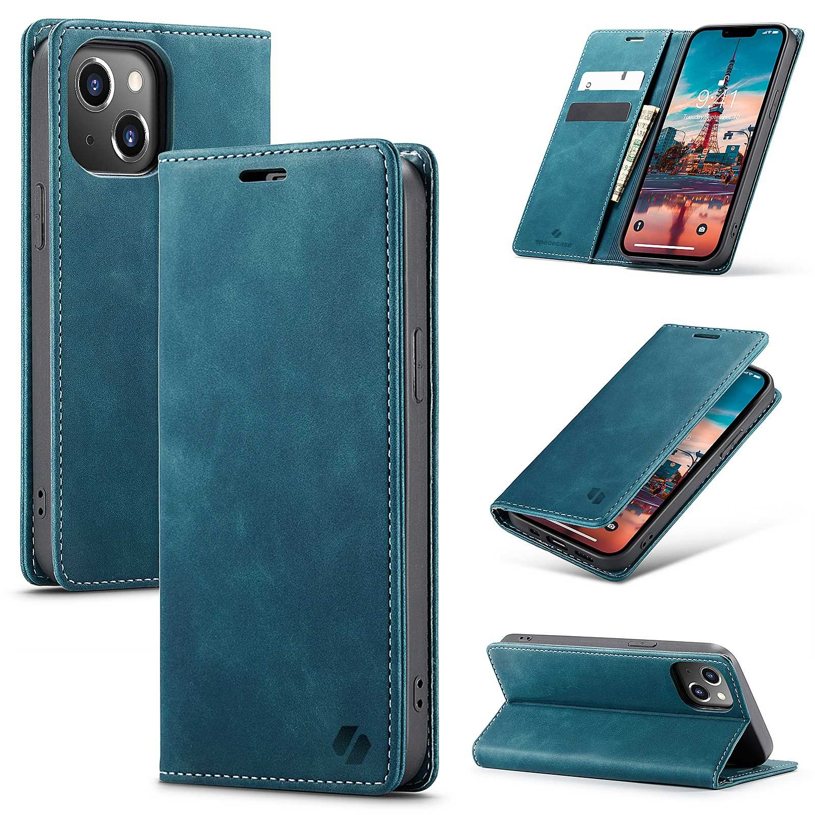 Wiele widoków turkusowego etui na telefon z telefonem w środku.