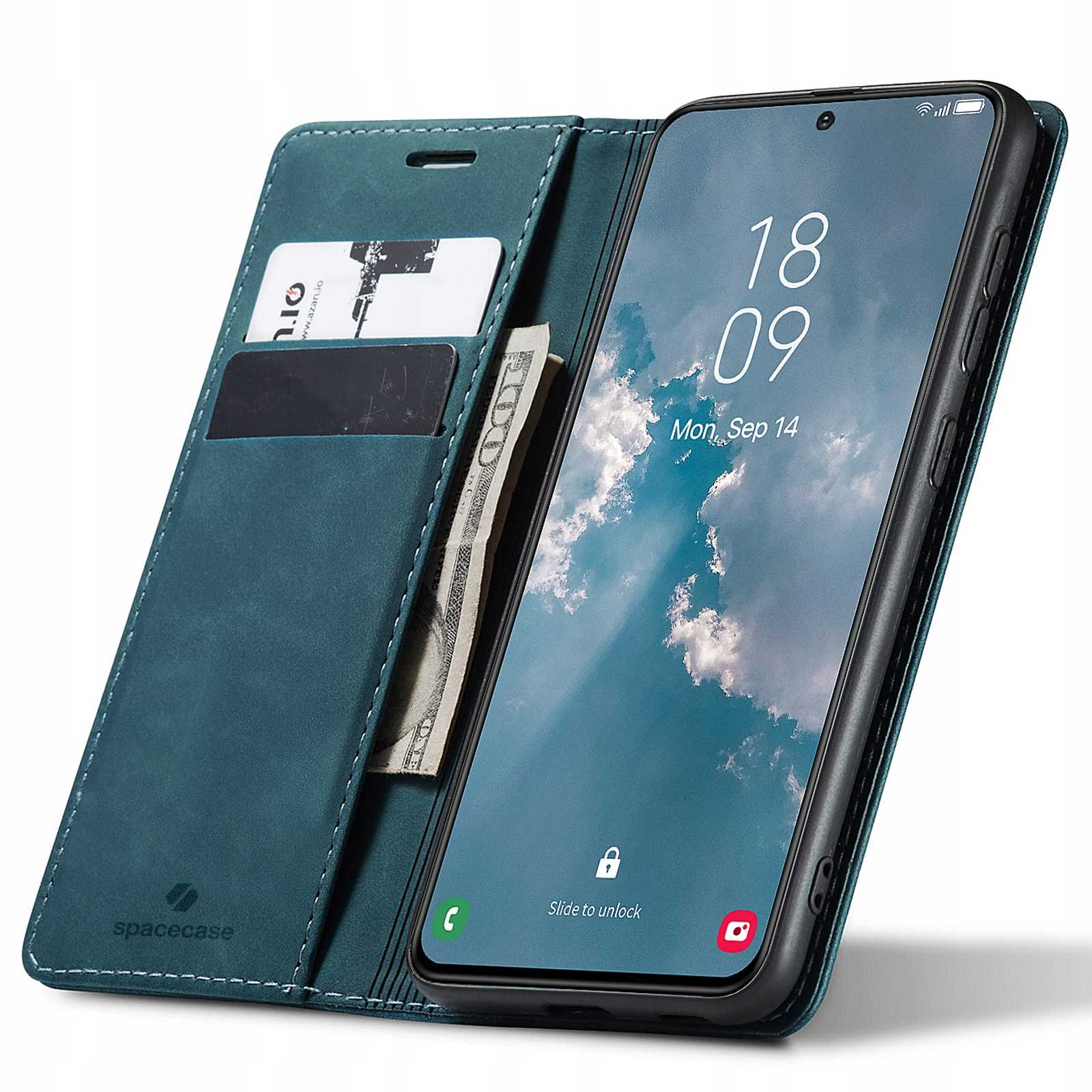 Niebiesko-zielone etui, otwarte, z telefonem pokazującym zegar, kartę i pieniądze.