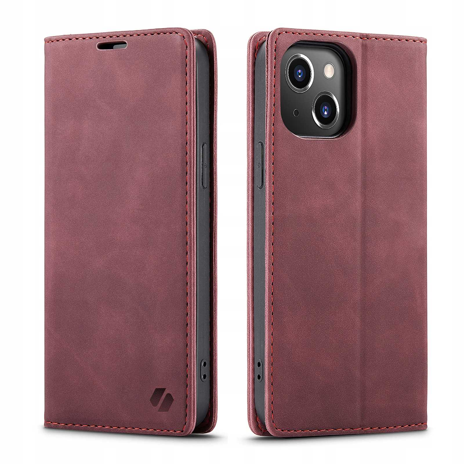 Bordowe skórzane etui na telefon, otwarte. Telefon i etui widoczne.