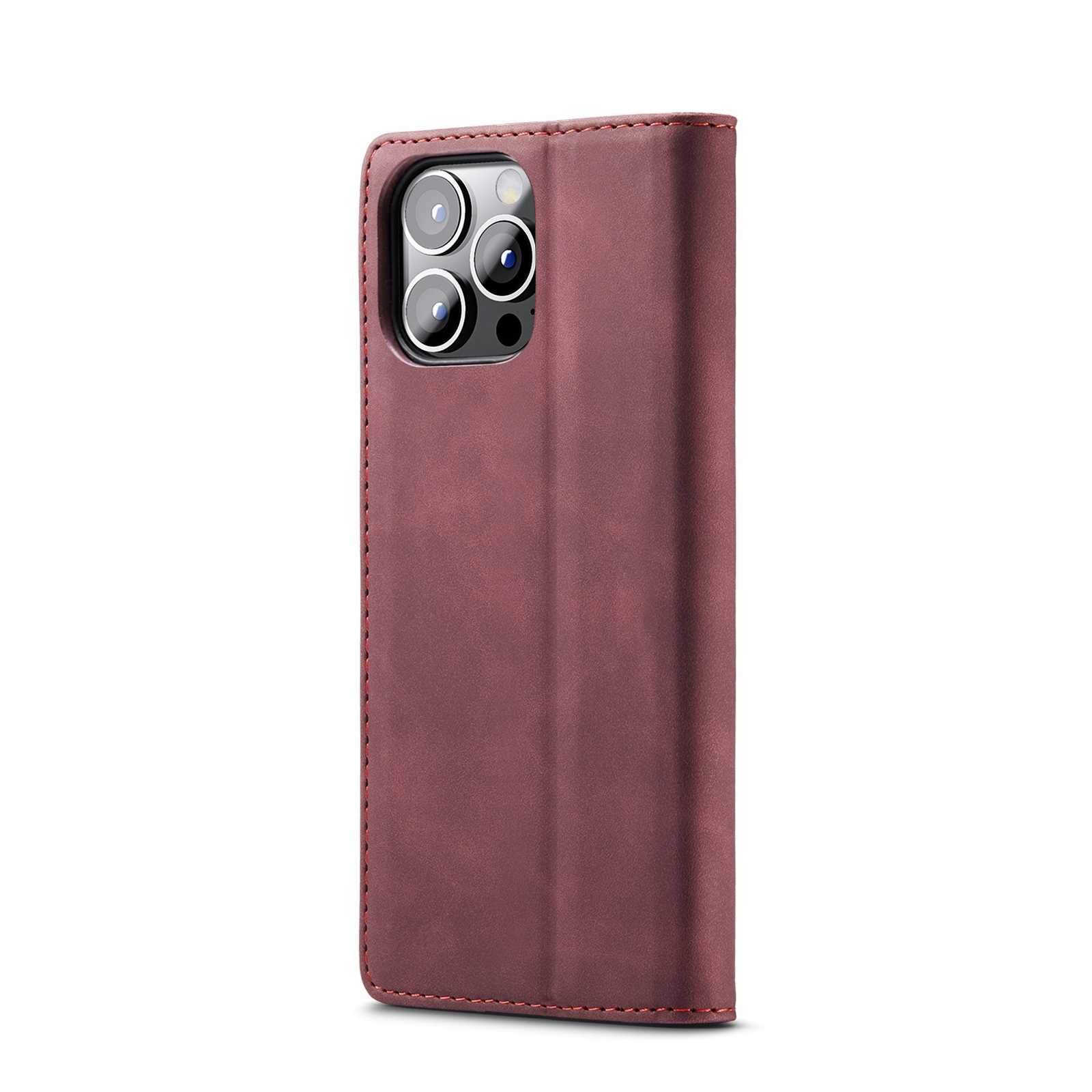 Zamknięte bordowe etui na telefon z telefonem w środku. Widoczne czerwone szwy.