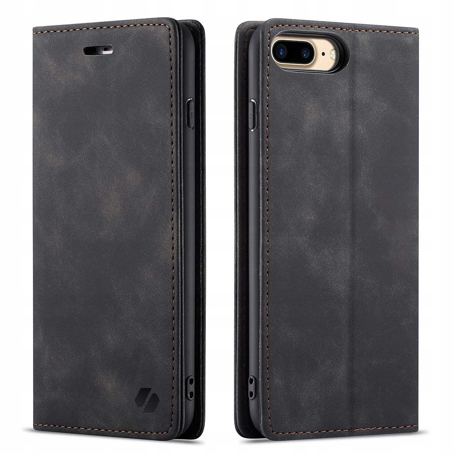 Czarny skórzany futerał na telefon, otwarty. Pokazuje telefon i szwy.