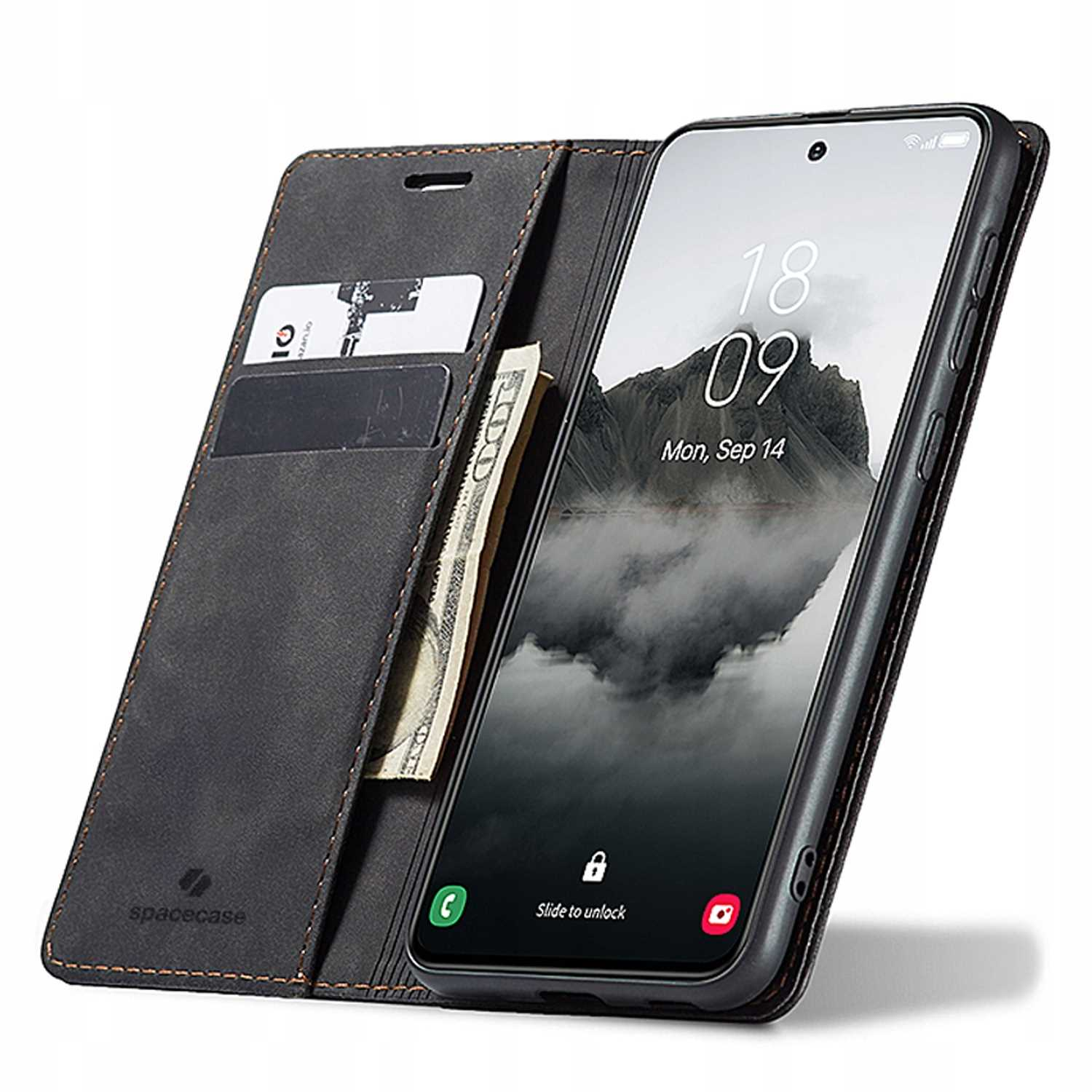 Otwarty czarny skórzany futerał na telefon, z kartami, pieniędzmi i telefonem z godziną.