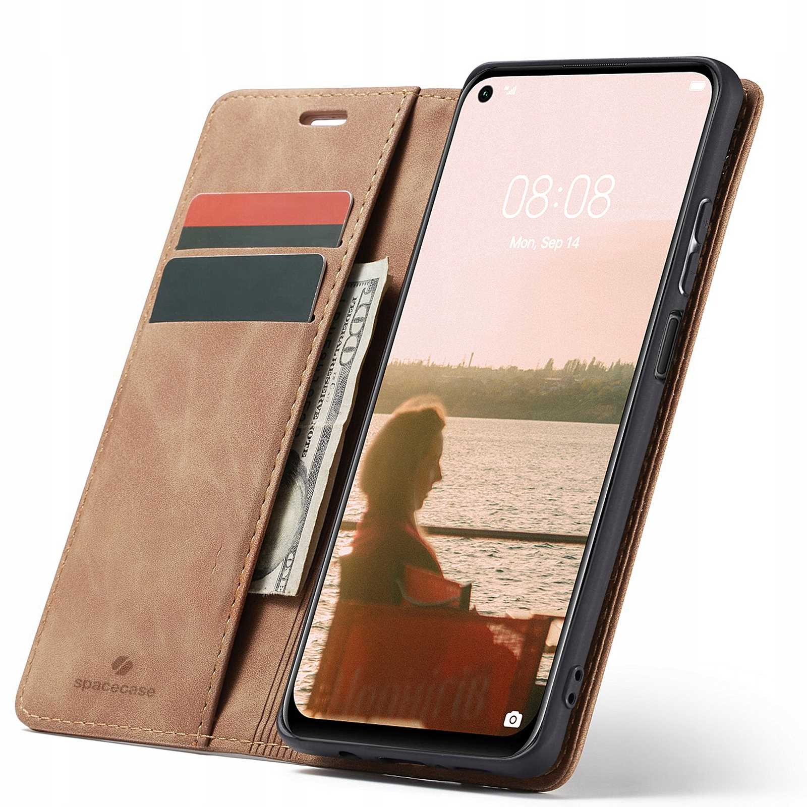 Otwarta brązowa obudowa na telefon z telefonem w środku. Karty i pieniądze po lewej stronie. Ekran jest widoczny.