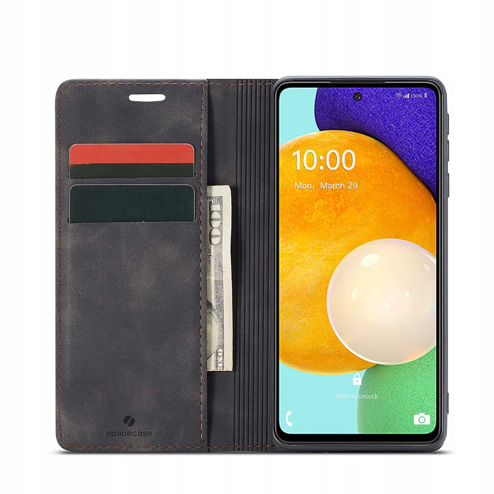 Otwarte ciemnoszare skórzane etui na telefon pokazujące ekran telefonu, karty i pieniądze. Posiada logo i magnetyczne zamknięcie.